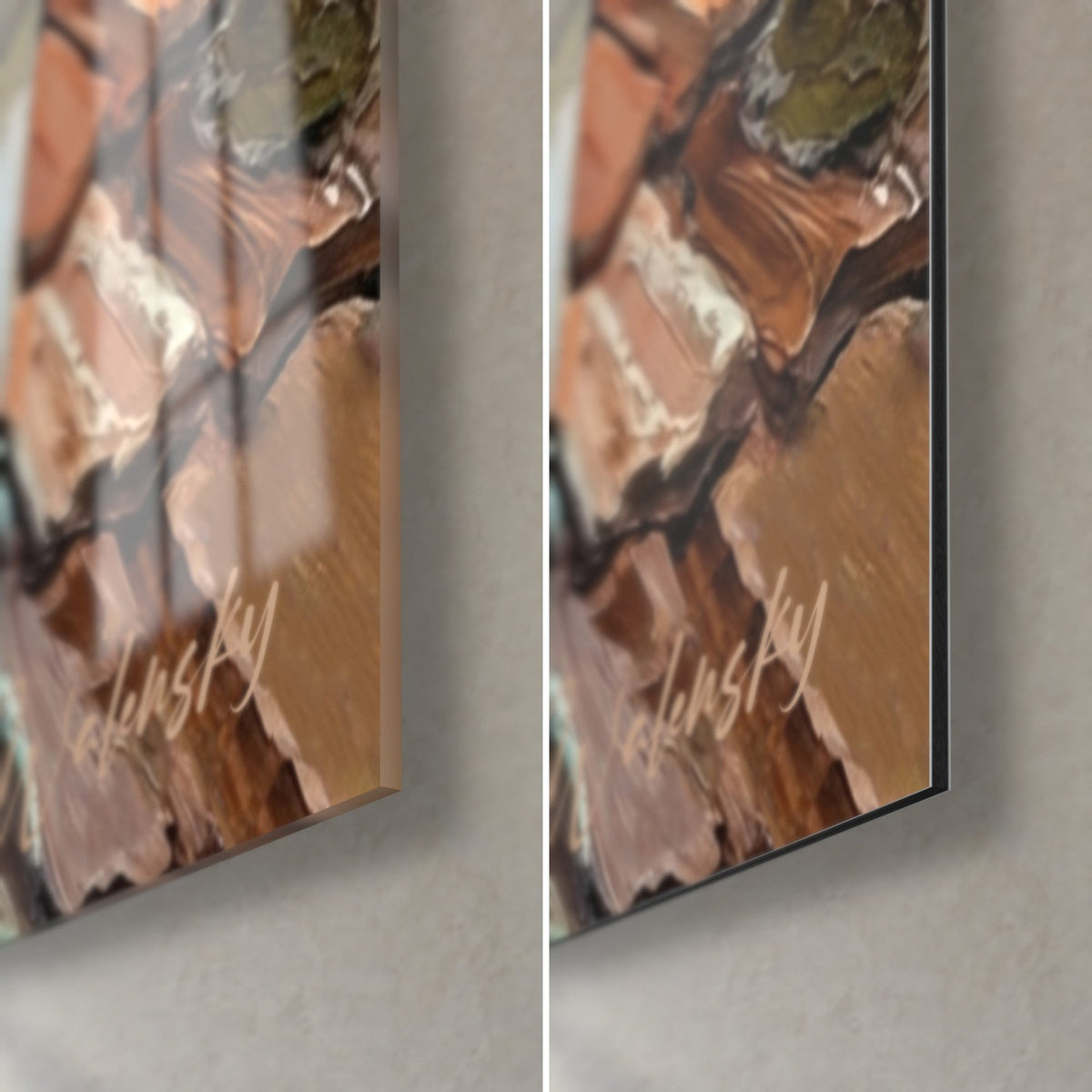 Tableau cigognes en peinture épaisse, coin bas droit : tuiles orange et cuivre, signature, verre brillant à gauche, Dibond mat à droite
