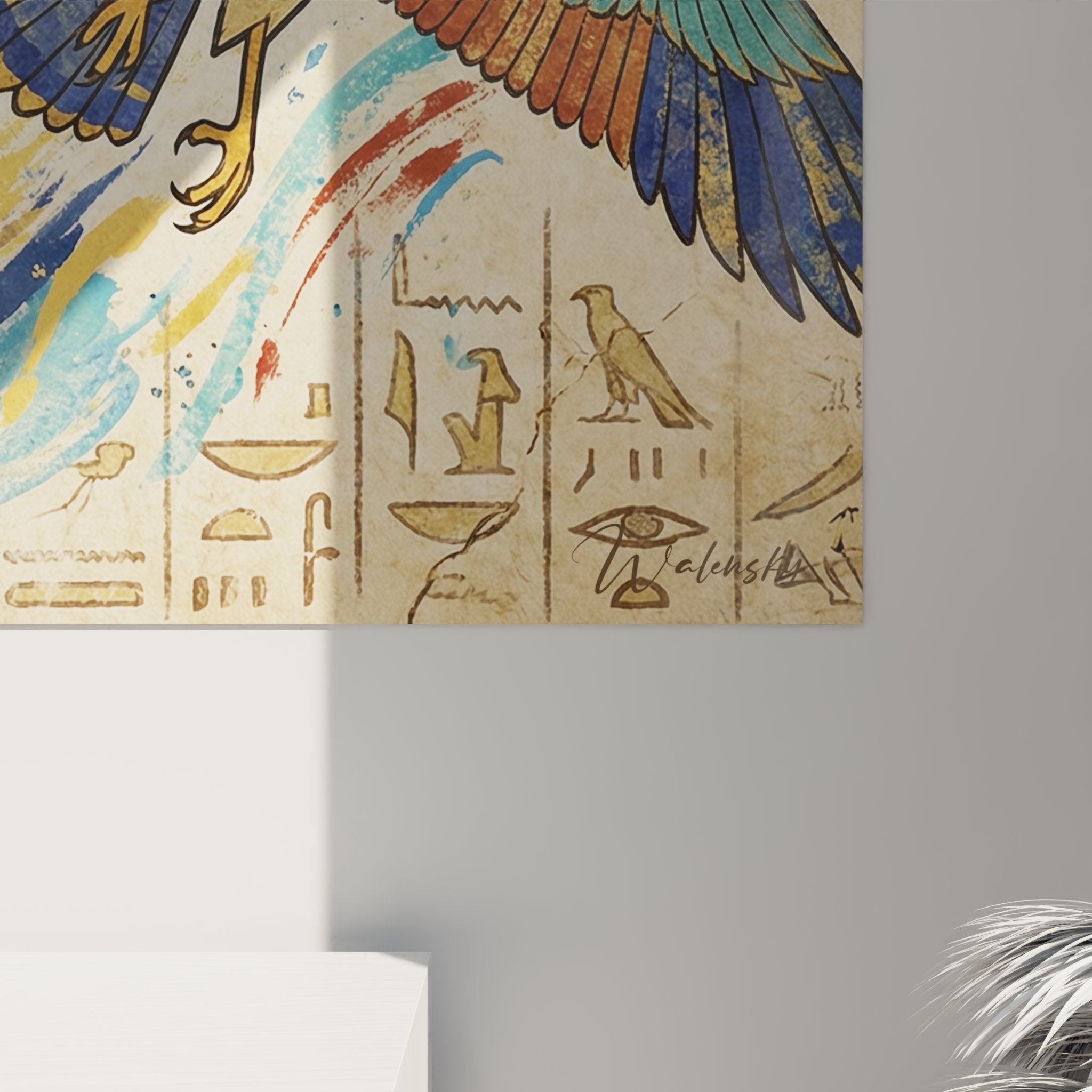 Vista d'insieme quadro murale gatto Egyptian Mau e falco mitologia egiziana geroglifici decorazione