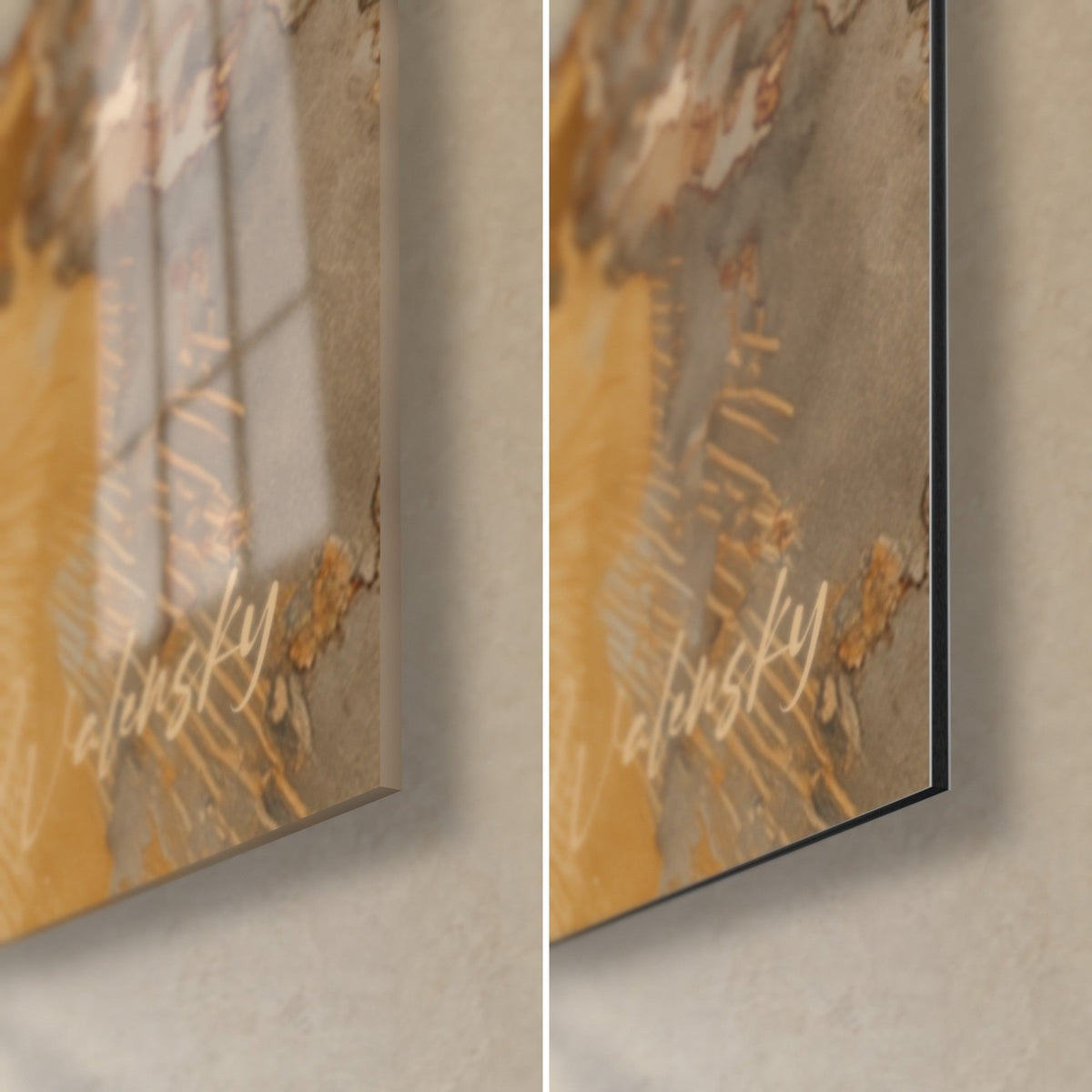 Gemälde Porträt einer Sokoke-Katze, untere rechte Ecke, glänzendes Acrylglas links, matte Dibond-Aluminium rechts, 3 mm Stärke