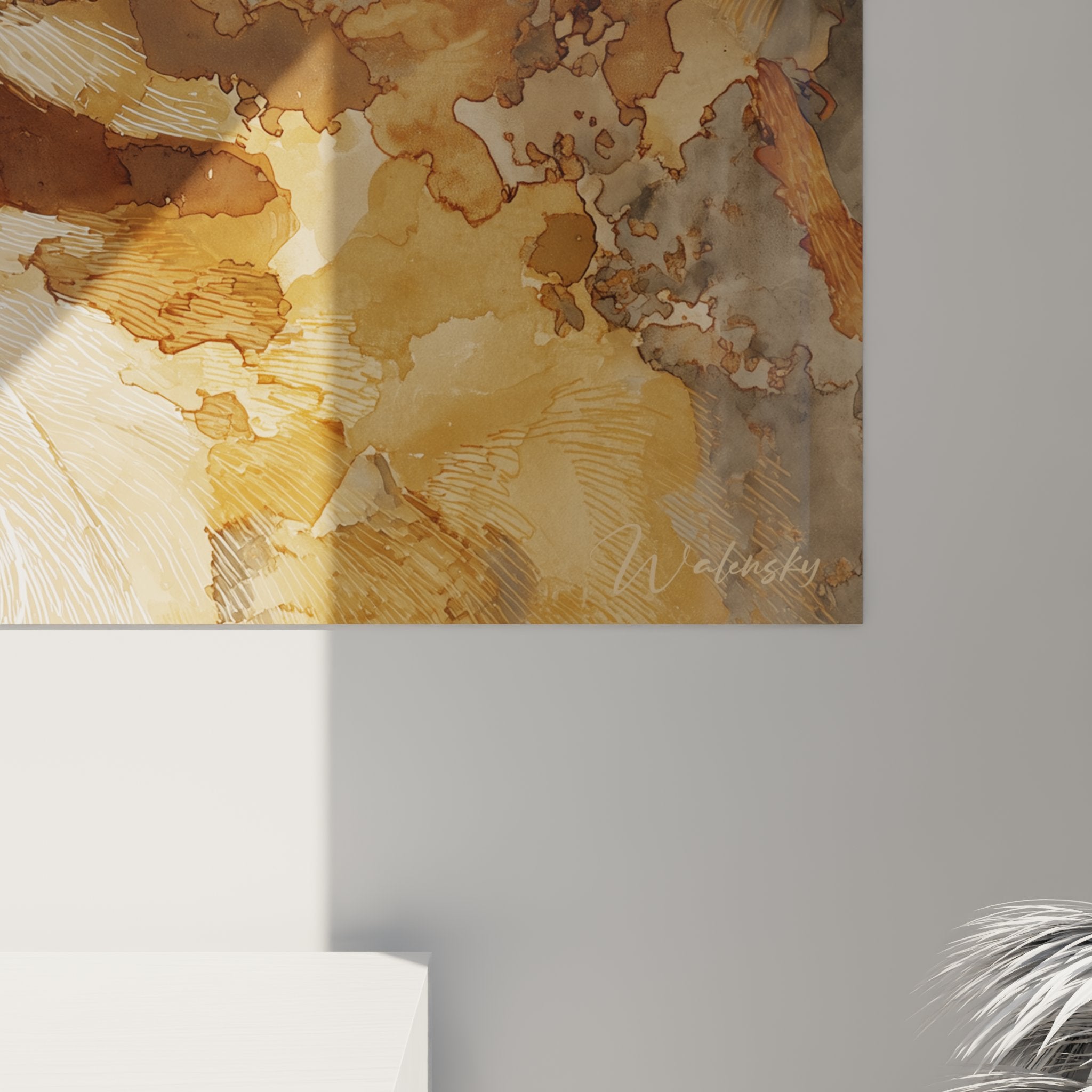 Overview of the cat wall art in warm colors displayed in a contemporary interior