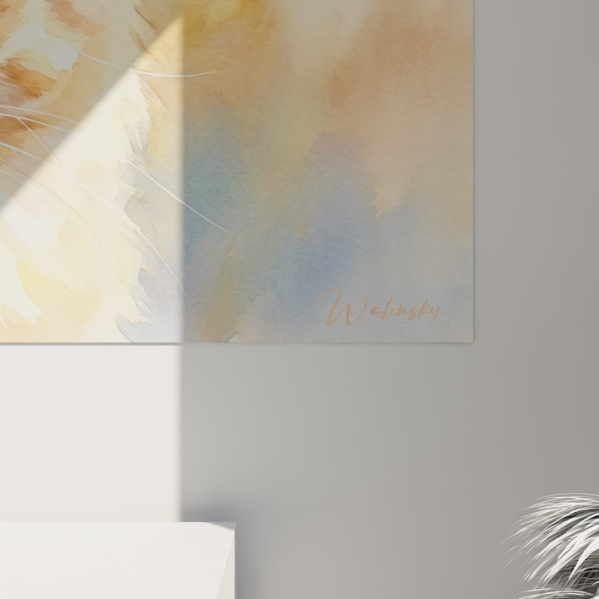 Vue d'ensemble tableau mural chat American Curl style aquarelle déco salon moderne