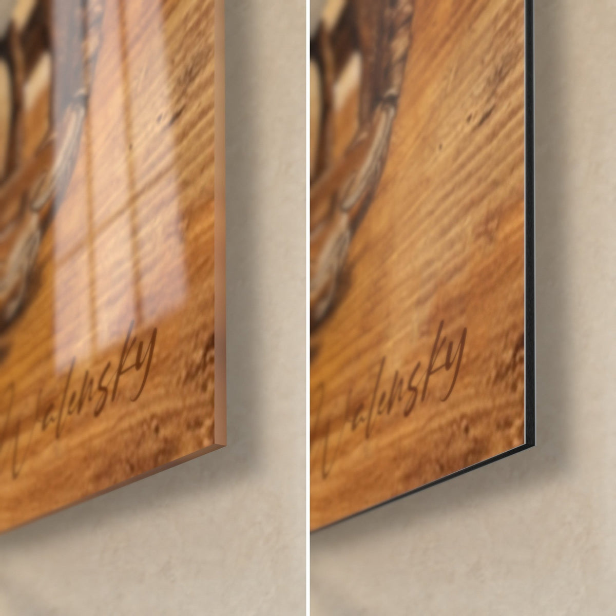 Tableau radio rétro et gant de baseball, coin bas droit : verre acrylique brillant à gauche, alu Dibond mat à droite, tranche de 3 mm
