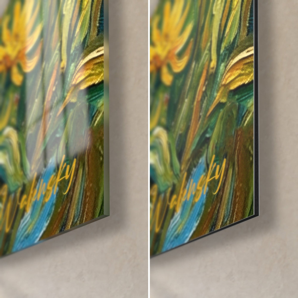 Schilderij van een bergmassief in olieverf, rechtsonder: groene en turquoise penseelstreken, gouden signatuur, dikte 3 mm