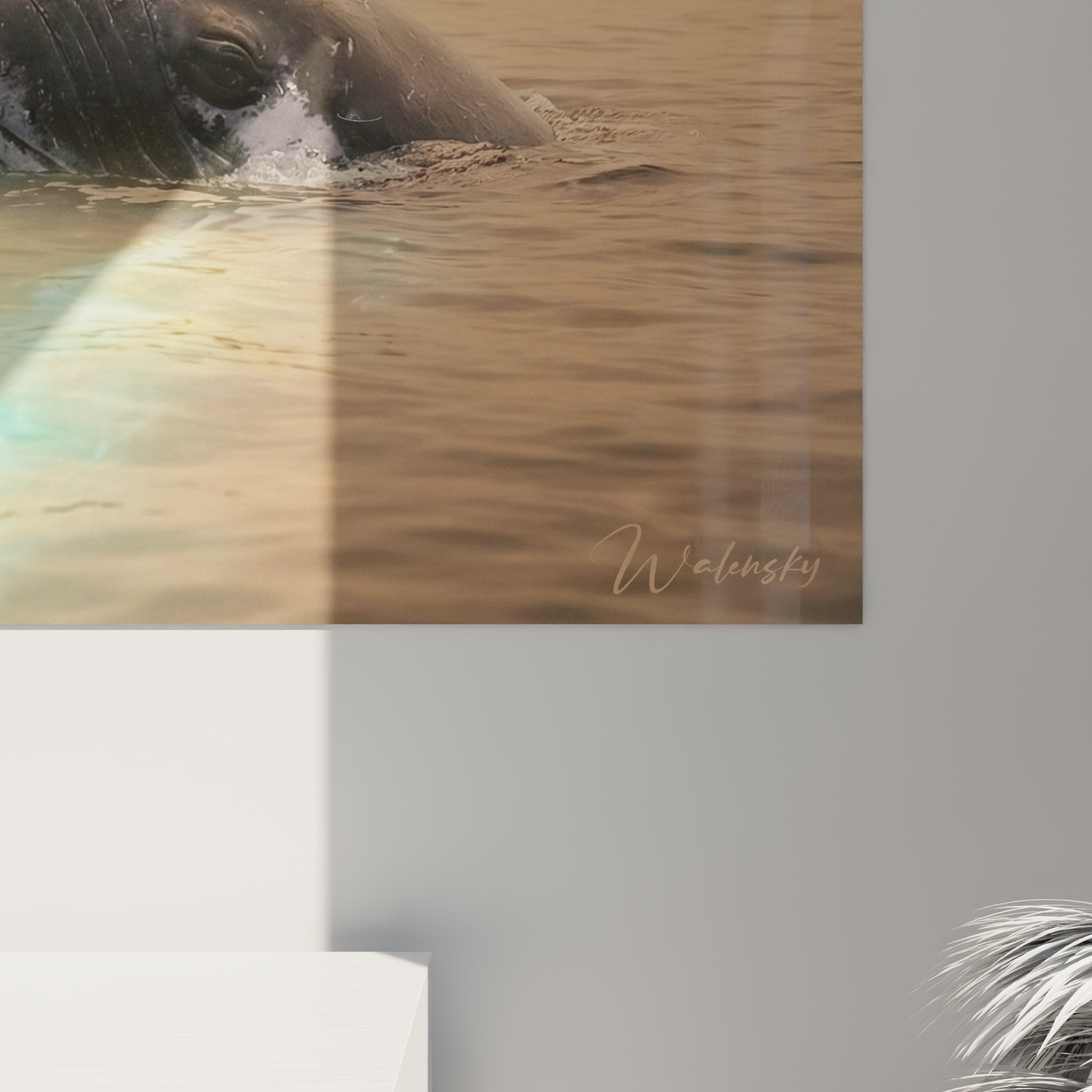 Vue ensemble tableau rencontre baleine kayakeur, art mural ocean lumiere doree crepusculaire