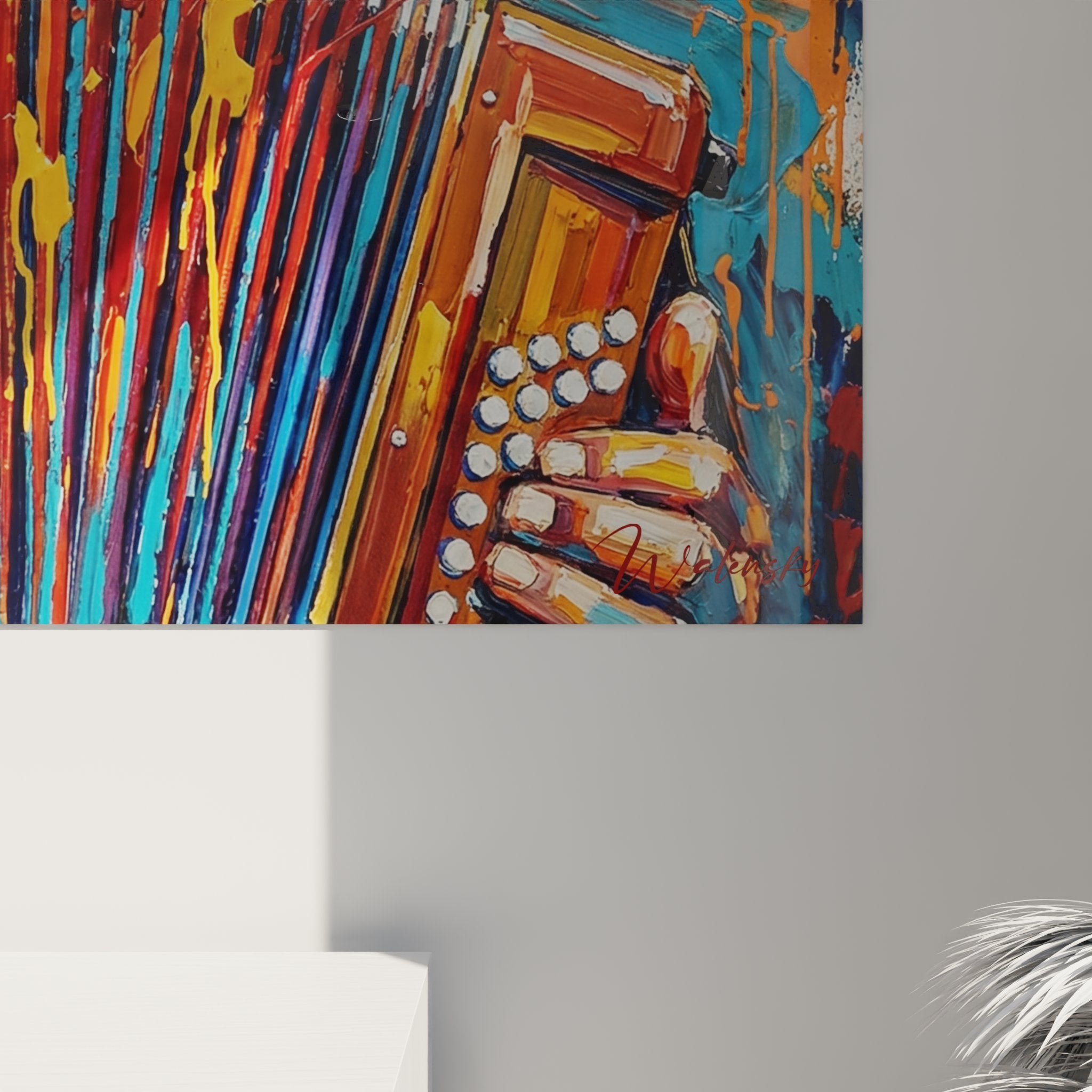 Overview of Breton accordion player wall art in modern interior, contemporary Brittany art