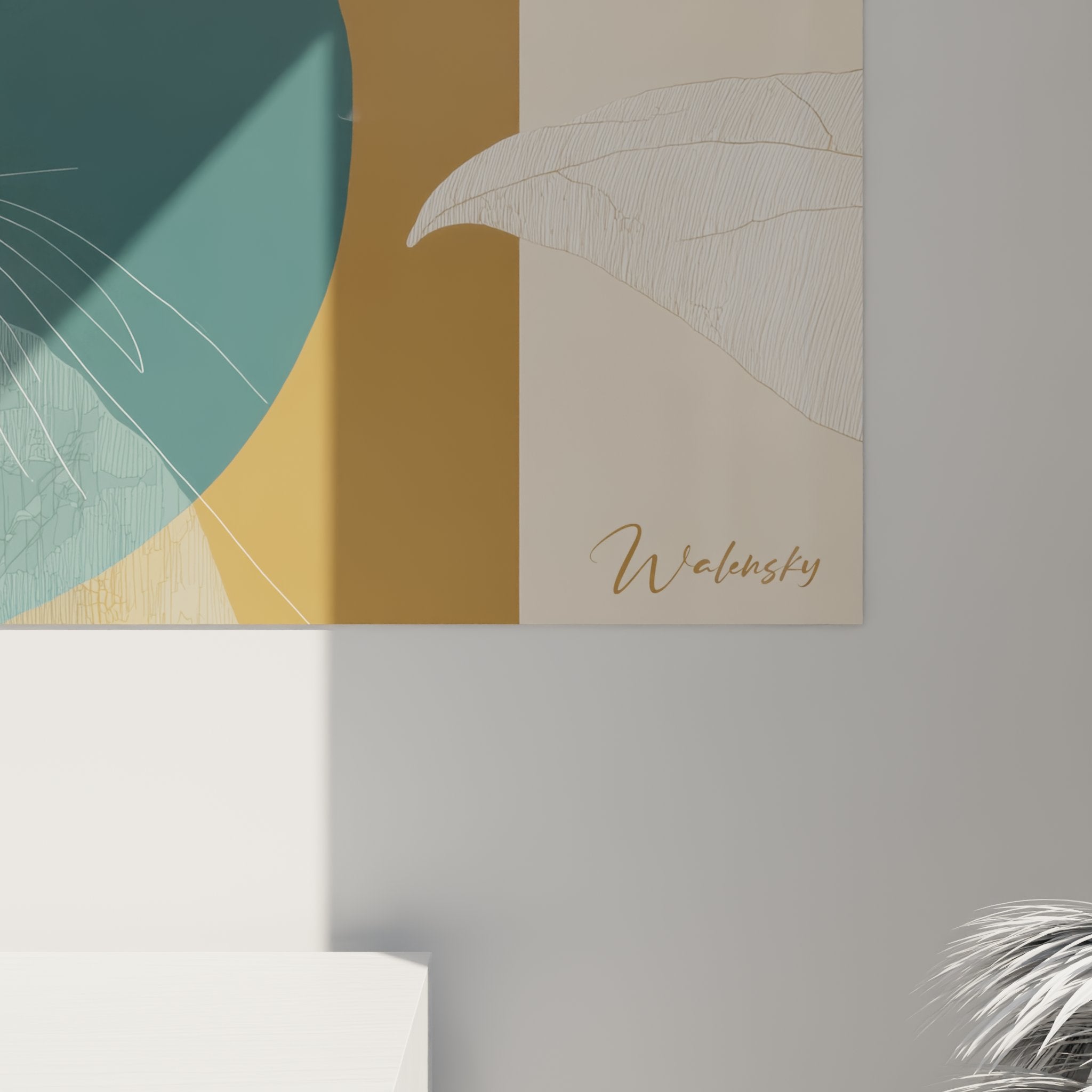 Vue ensemble tableau mural chat Turkish Van decoration interieur style contemporain