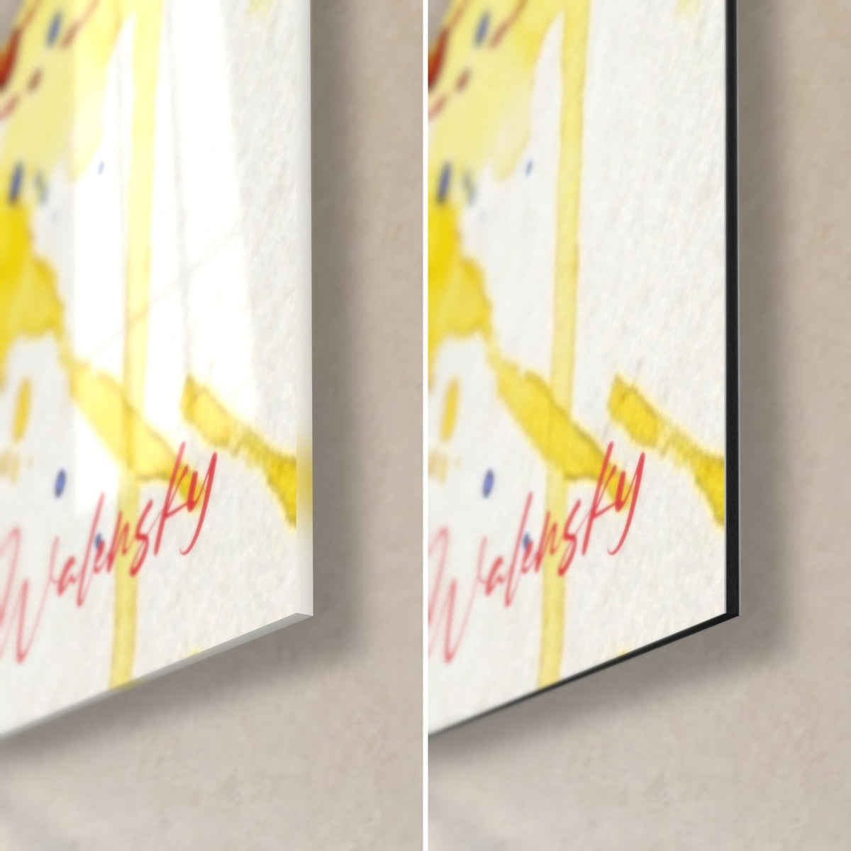Wall art red paddle stroke, bottom right corner: glossy acrylic glass on the left, matt black Dibond on the right, yellow splashes