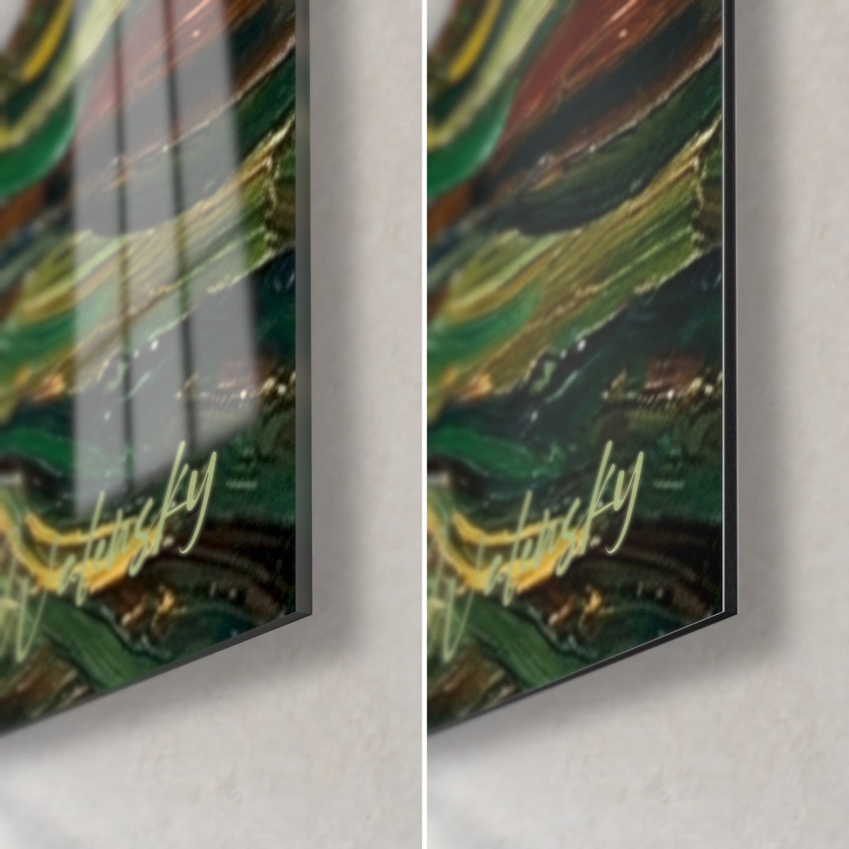 Gemälde eines Kanus mit orangefarbenen und grünen Spiralstreifen, Ecke unten rechts: glänzendes Glas links, mattes Dibond rechts, 3 mm Kante