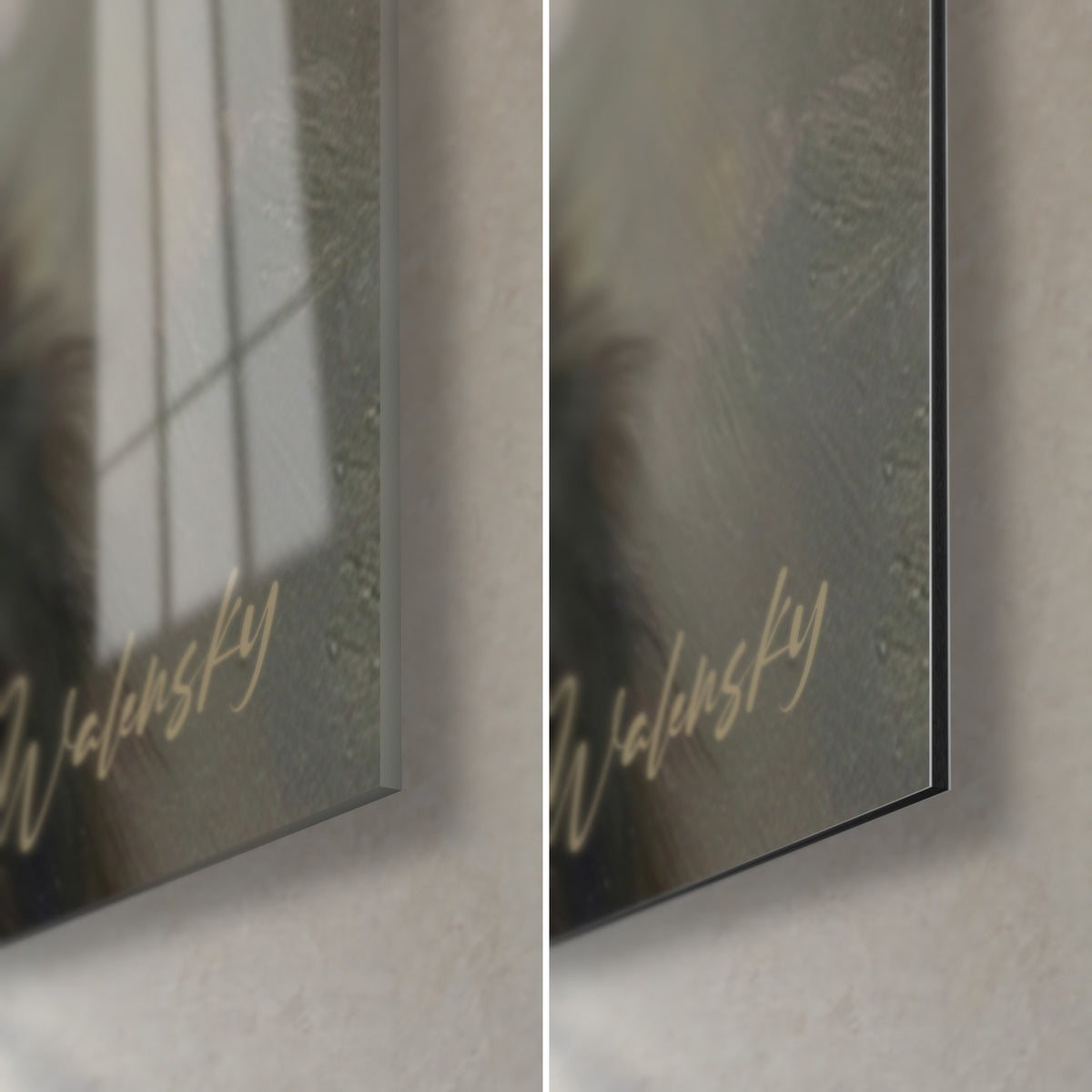 Wall art grey cat portrait, golden Walensky signature bottom right: glossy acrylic glass and matte black Dibond