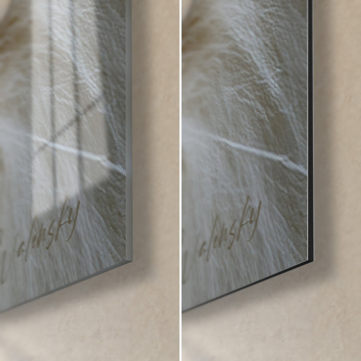 Gemälde einer Birmakatze in Elfenbein und Grau, untere rechte Ecke: glänzendes Acrylglas links, mattes Dibond rechts, 3 mm Kante