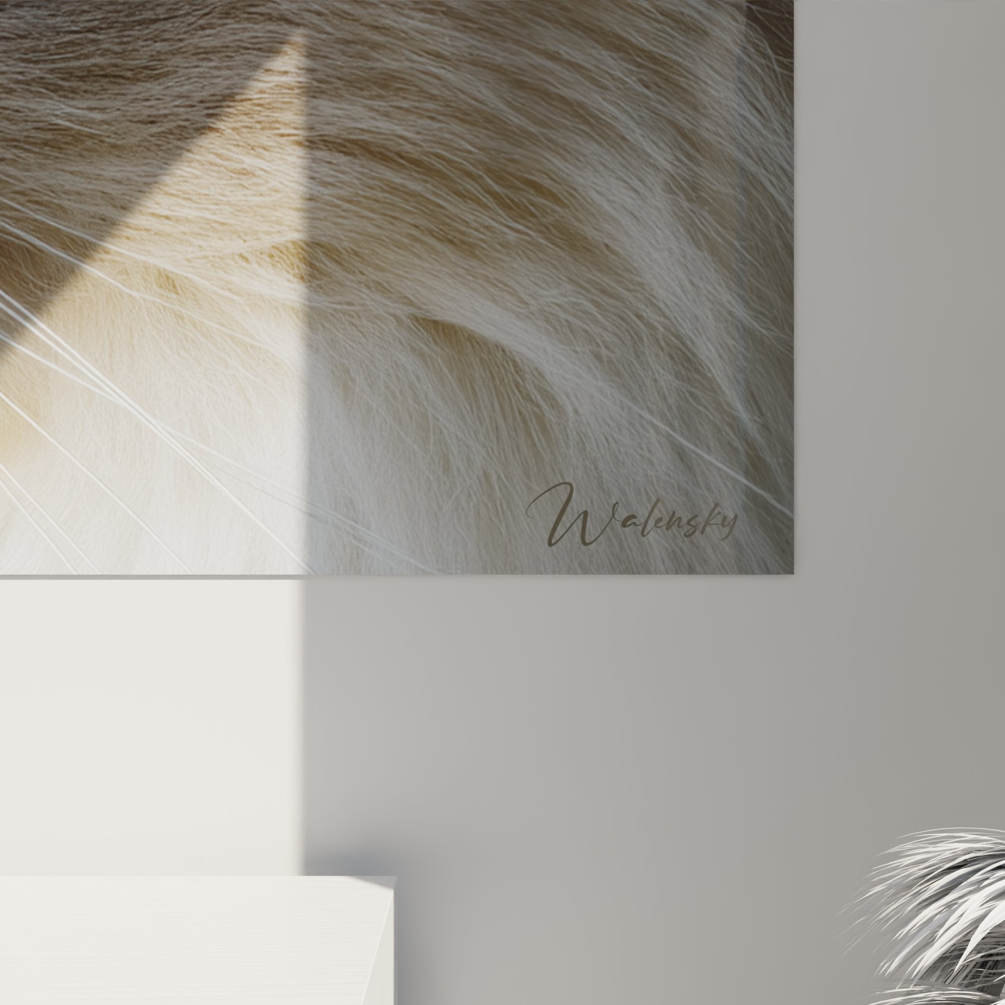 Overview of Birman cat wall art in contemporary living room, feline decorative art seamlessly integrated