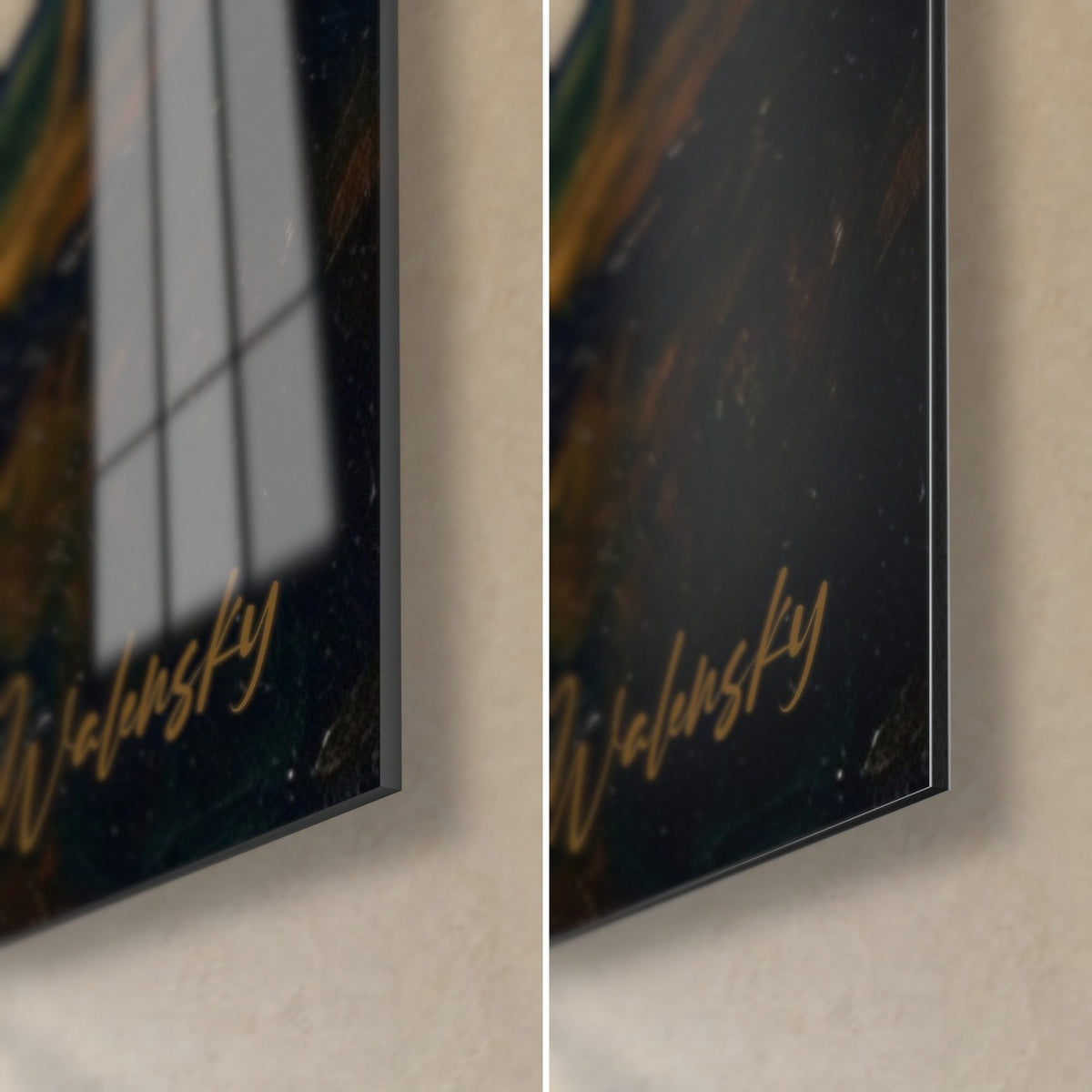 Gemälde Golfspieler unter Eichen, unten rechts: glänzendes Acrylglas mit Spiegelung des Fensters, mattschwarzes Dibond-Aluminium, 3 mm Kante