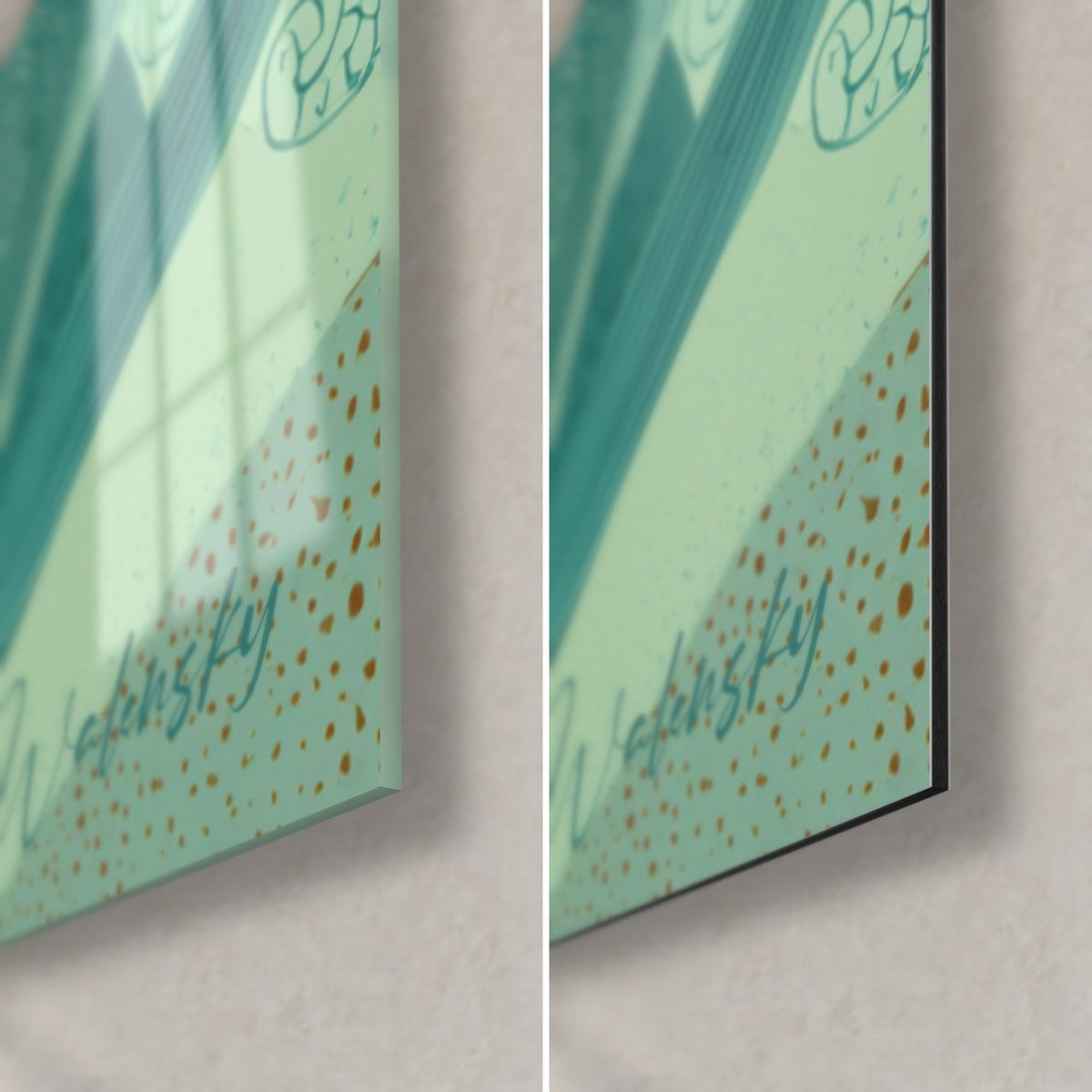 Quadro gatto siamese stilizzato, angolo in basso a destra: vetro acrilico lucido con riflessi, Dibond opaco verde menta, punti ocra, bordo 3 mm