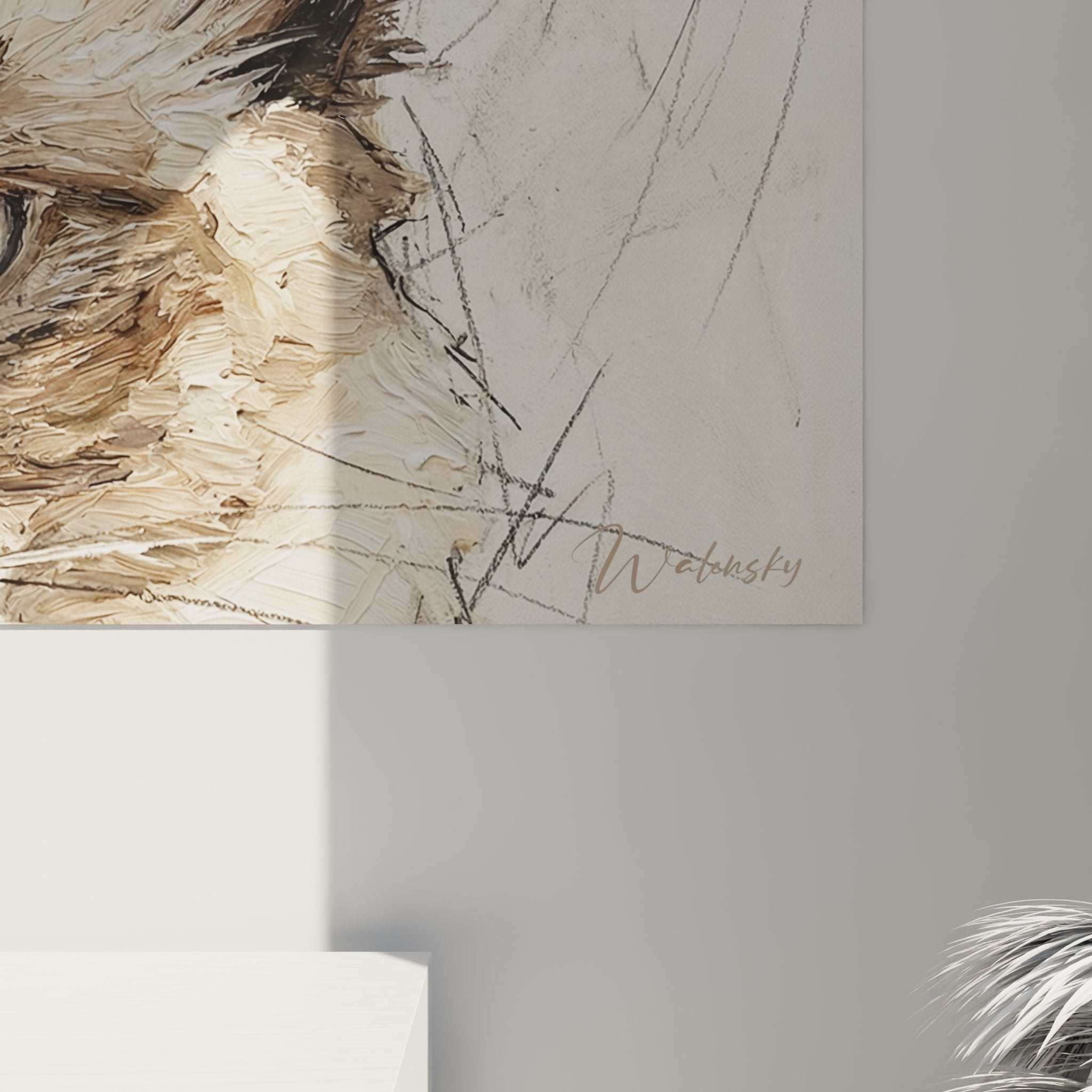 Vista generale del quadro ritratto gatto balinese in interni contemporanei, elegante decorazione murale