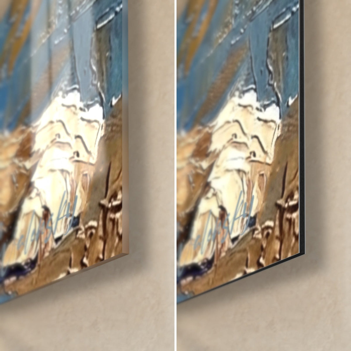 Tableau birman crème et brun, empâtements, tranche de 3 mm, verre acrylique brillant à gauche, alu Dibond mat à droite