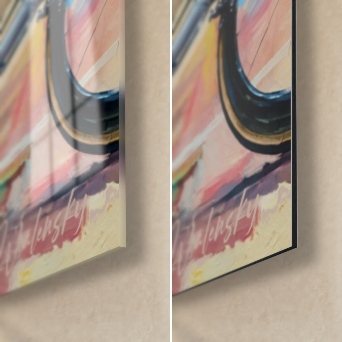 Wall art black racing wheelchair with gold trim, bottom right corner, pink reflections on the glossy glass, matte Dibond and 3 mm edge