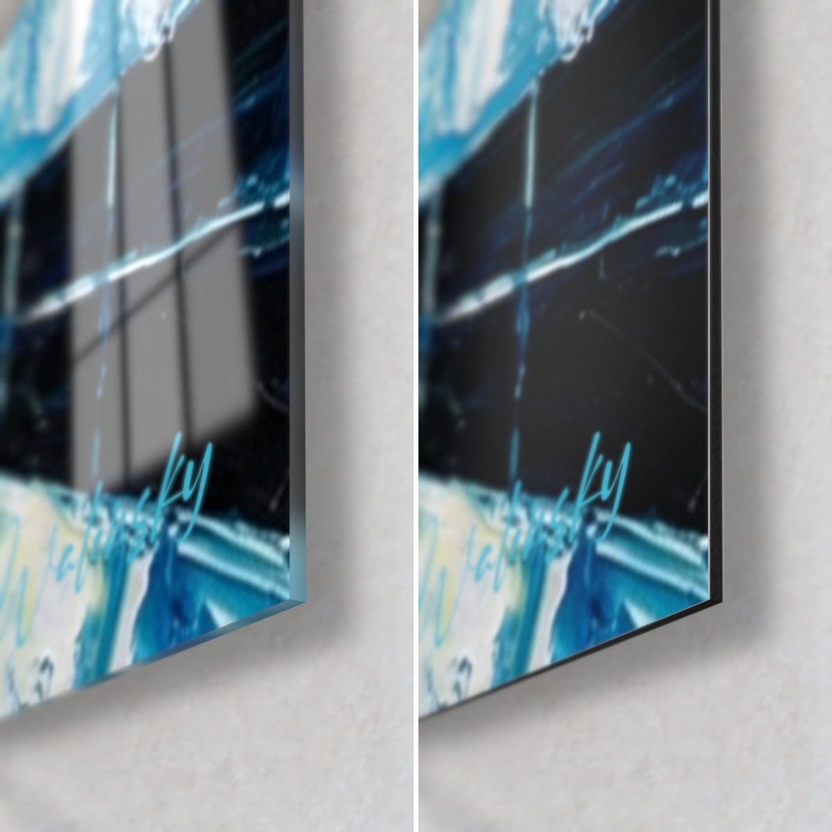 Tableau nageur en peinture à l'huile, coin bas droit : verre acrylique brillant à gauche, alu Dibond mat à droite, tranche de 3 mm
