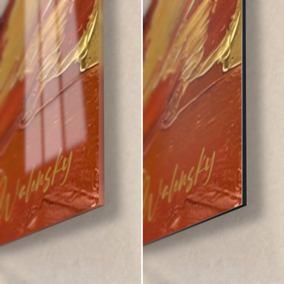 Tableau épéiste, coin bas droit : signature dorée sur rouge orangé, verre brillant à gauche, Dibond mat, tranche 3 mm