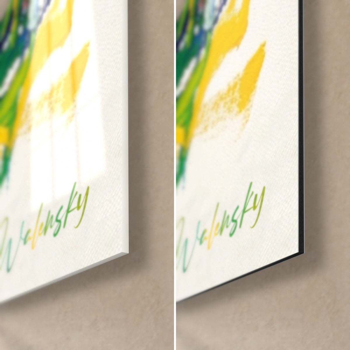 Wall art of a golfer painted with a palette knife, bottom right corner signed Walensky in green, glossy acrylic glass and matte black Dibond
