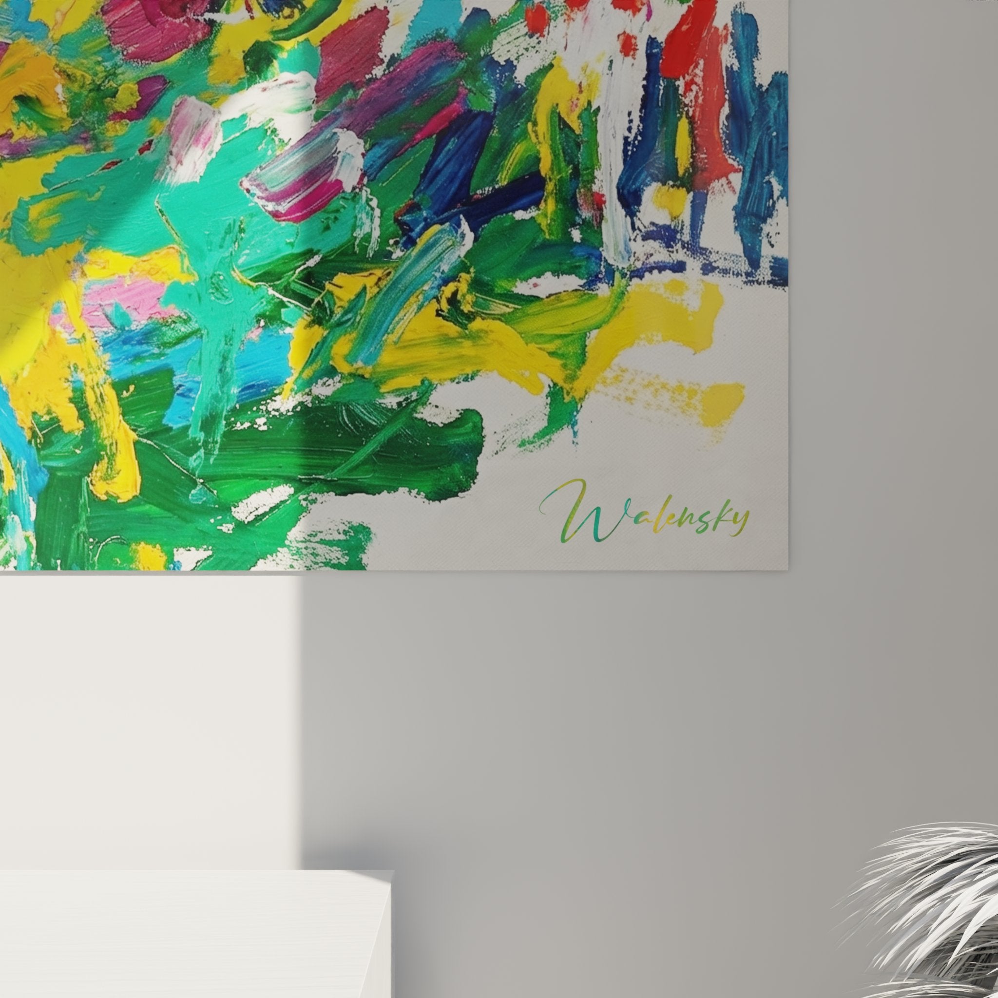 Vue d'ensemble du tableau golf coloré dans un intérieur, œuvre d'art golfeur swing aux teintes vibrantes