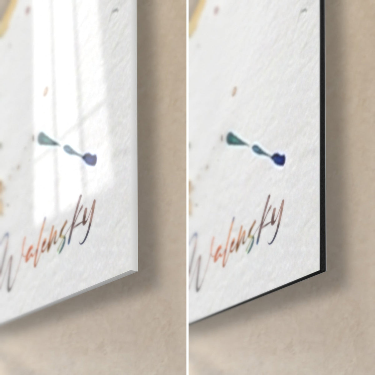 Schilderij van een spits in een koningsblauw shirt, rechtsonder: glanzend acrylglas links, mat zwart Dibond-aluminium rechts, handtekening Walensky
