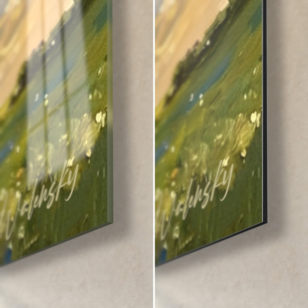 Wall art golden cumulus clouds painted in oil, bottom right corner: green meadow, glossy acrylic glass and matte Dibond, 3 mm thickness