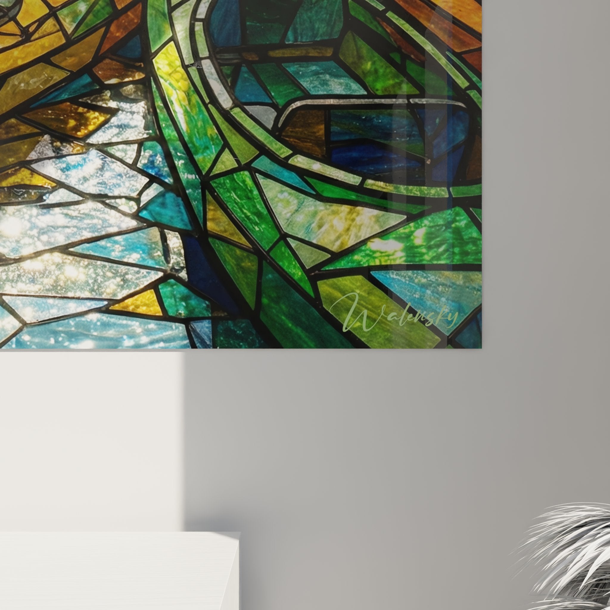 Vue ensemble tableau kayaks vitraux decoration murale art nautique couleurs eclatantes