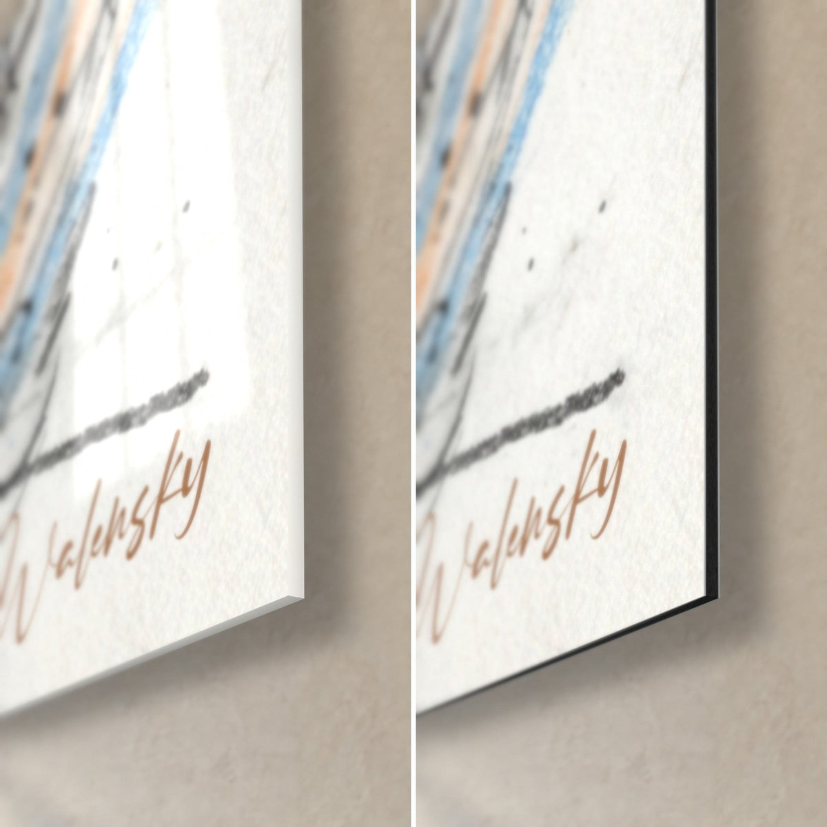 Wall art Persian cat with blue and orange fur, copper Walensky signature, glossy glass corner bottom right and matte black Dibond