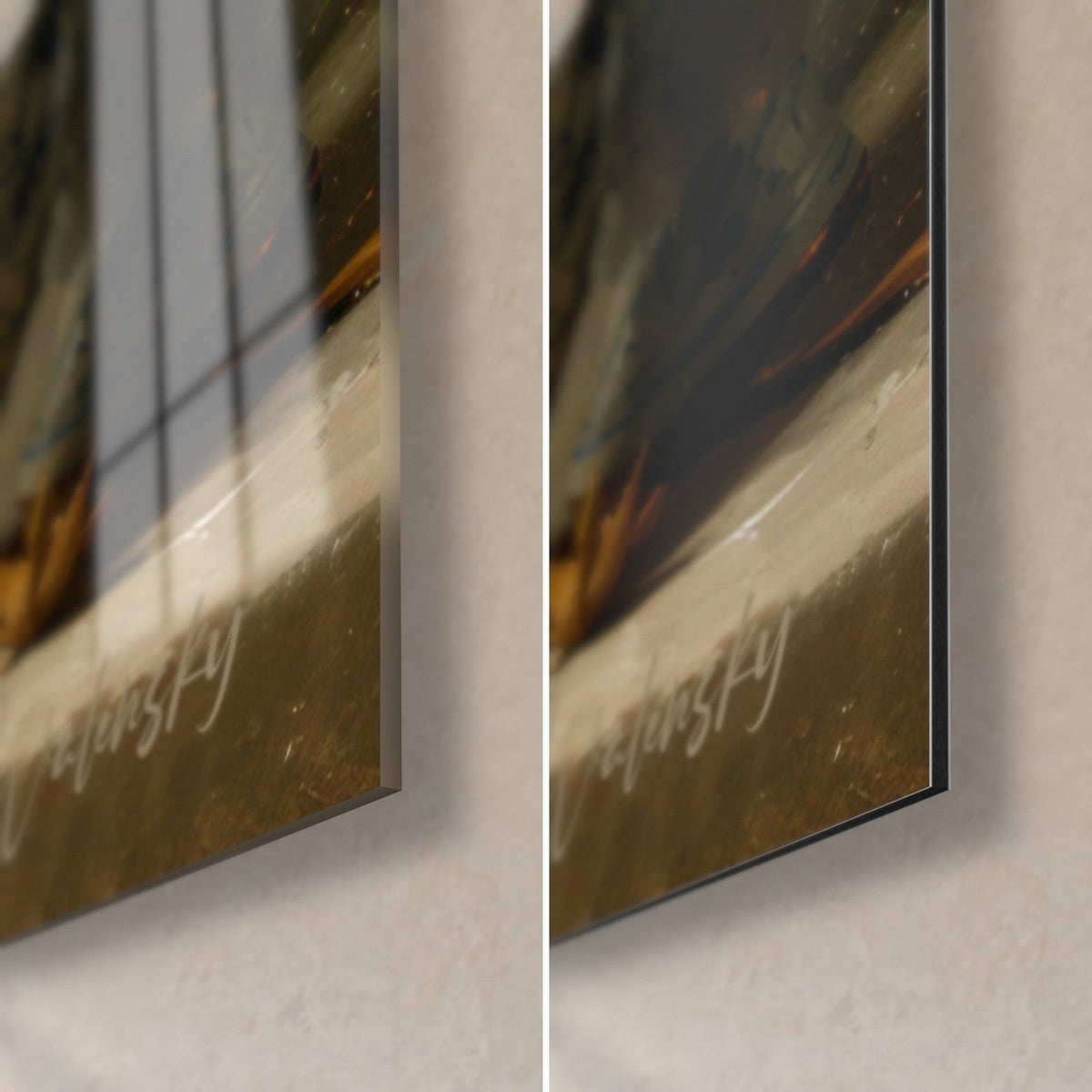 Schilderij witte kat met blauw porselein, rechtsonder: glanzend acrylglas links, mat Dibond-aluminium rechts, 3 mm rand