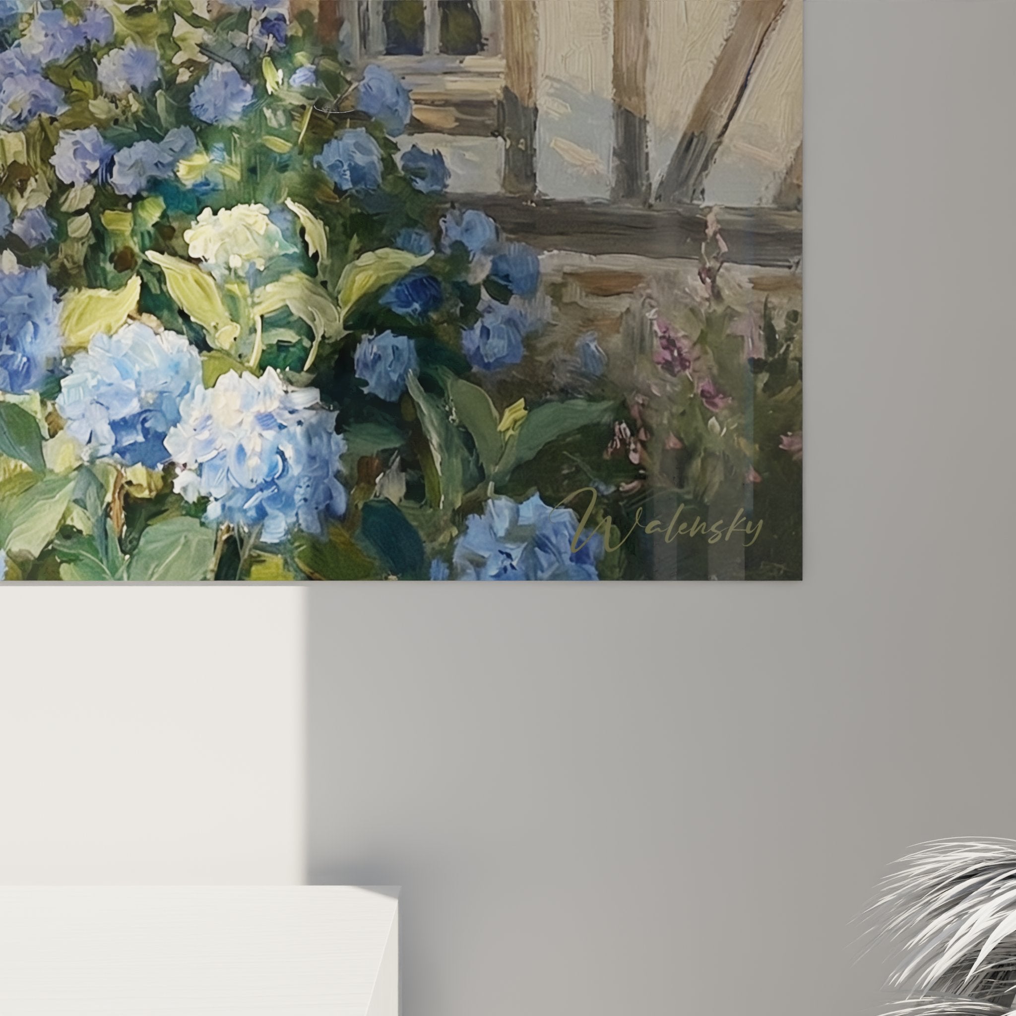 Vue ensemble tableau art normand, maison traditionnelle et jardin fleuri, decoration authentique