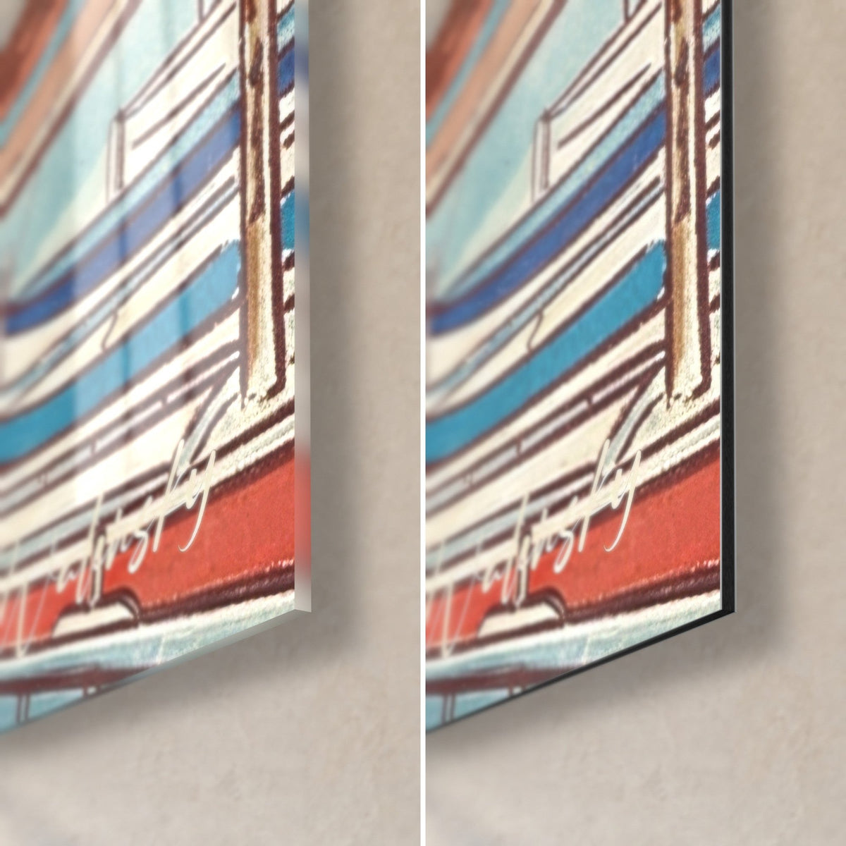 Tableau barque aux rayures bleues et rouge corail, coin bas droit : verre acrylique brillant à gauche, alu Dibond mat à droite, tranche 3 mm