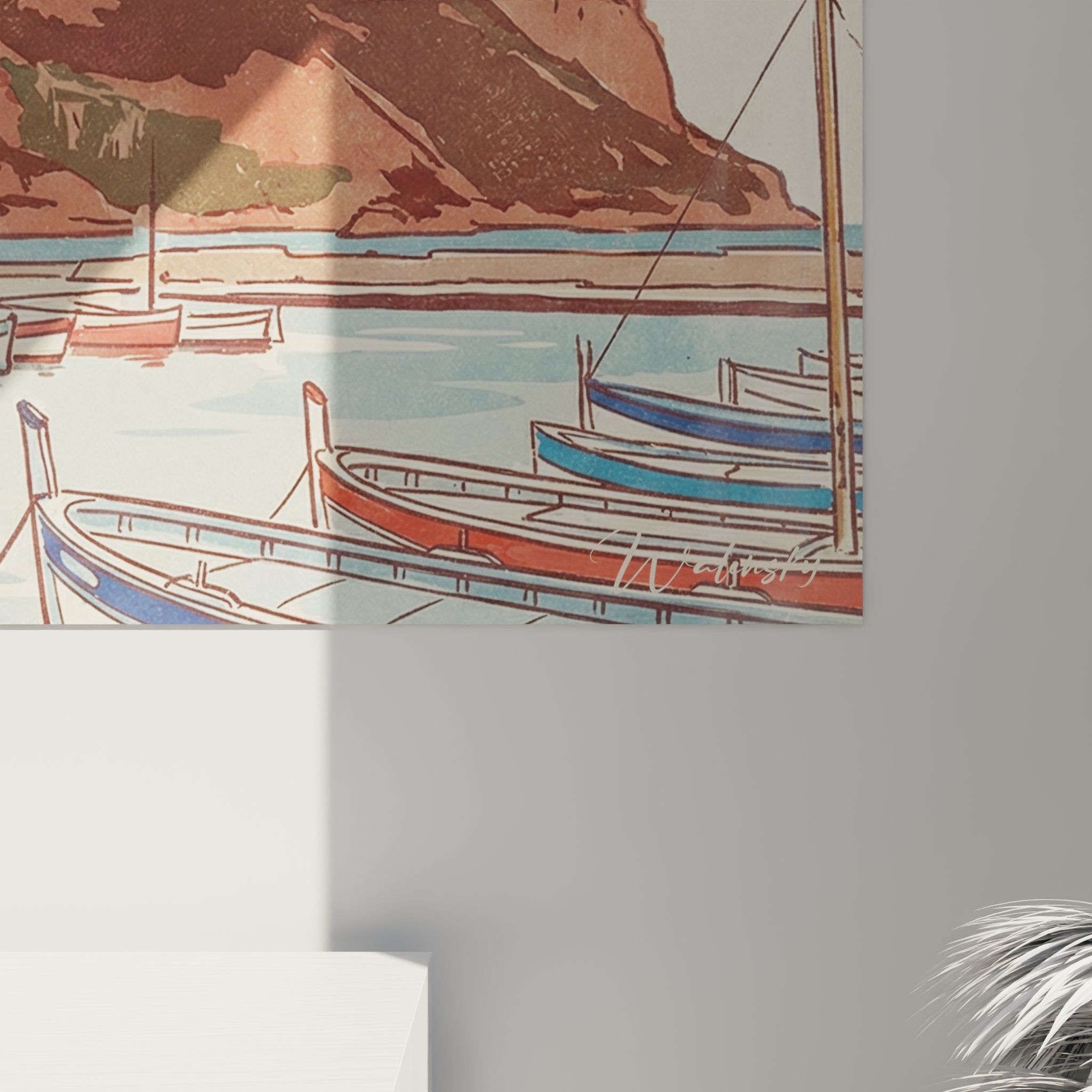 Vue ensemble tableau art provencal representant village cotier avec port de peche authentique