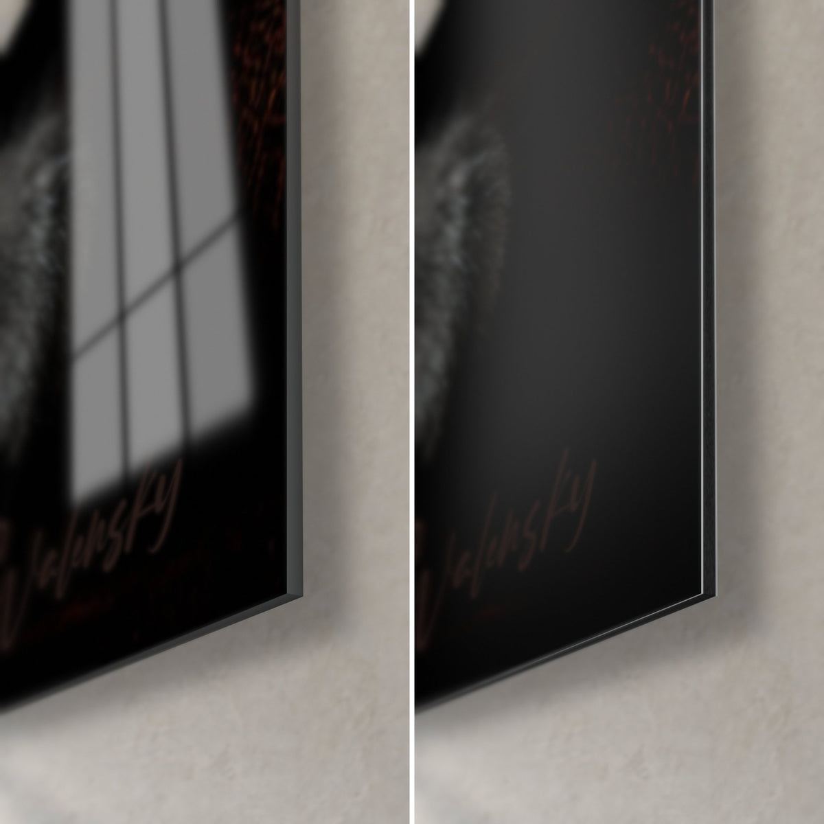 Wall art Chartreux, detail of the 3 mm edge: glossy acrylic glass with reflections, matte black Dibond aluminium, rust signature