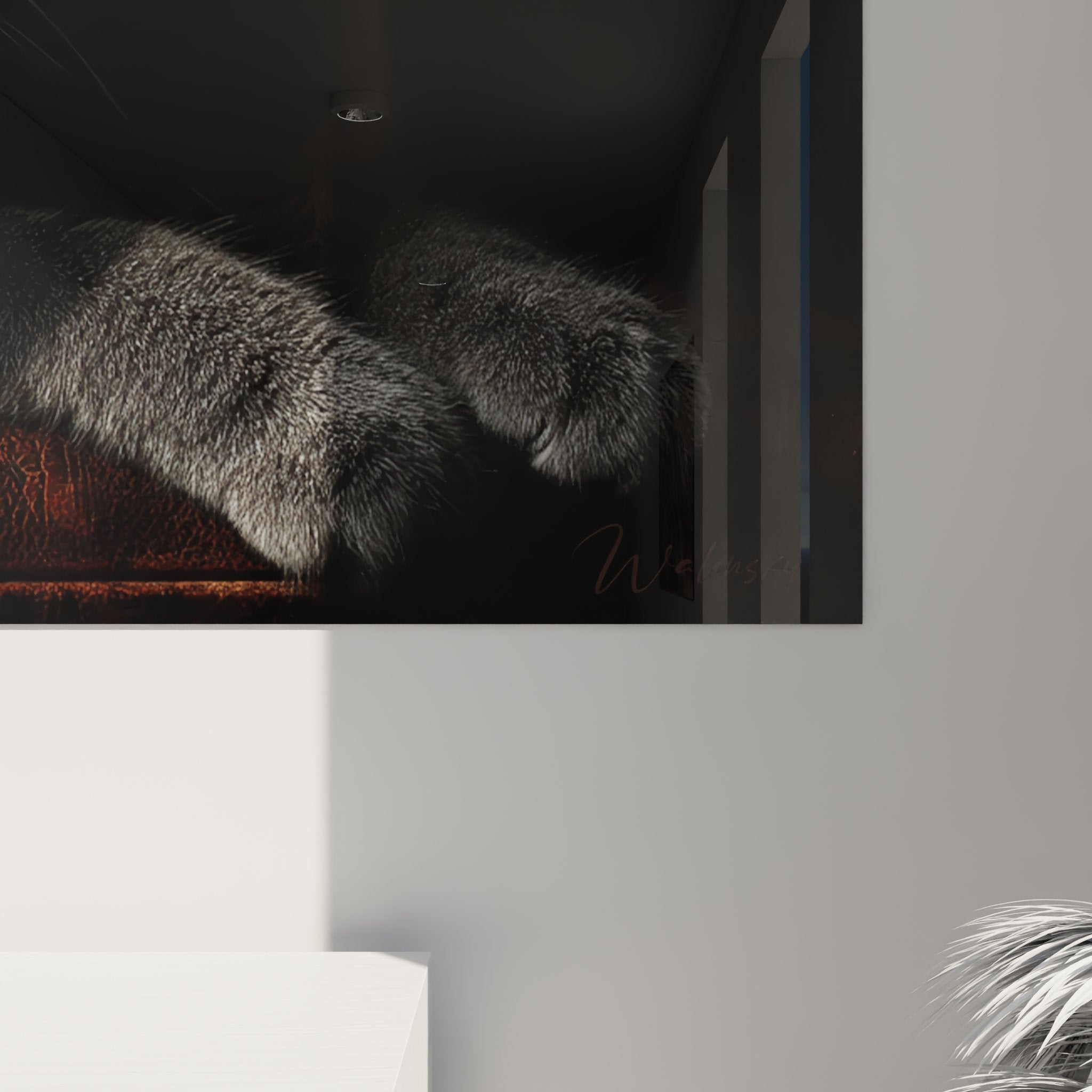 Wohnzimmerübersicht mit Chartreux-Katzengemälde, elegante Wanddekoration, modernes Premium-Felinen-Kunstwerk