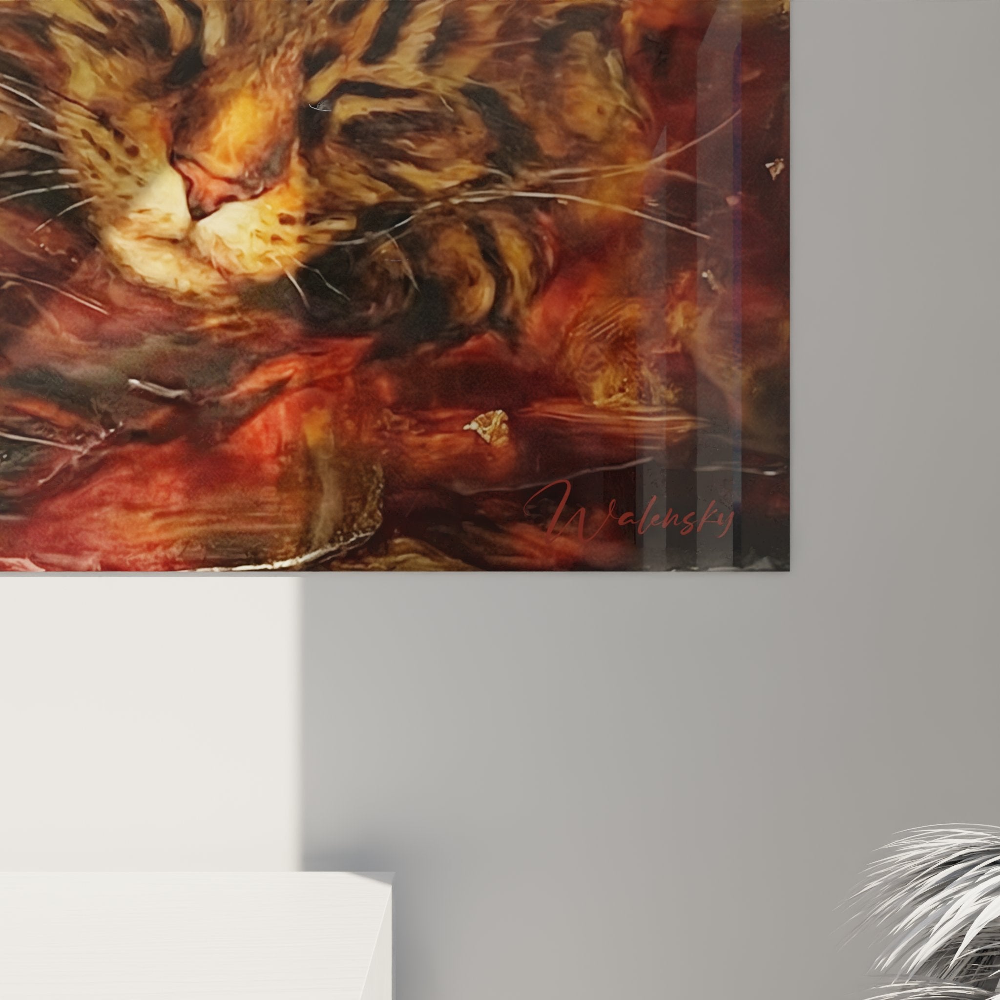 Overview of Maine Coon cat wall art in modern interior, elegant feline decoration