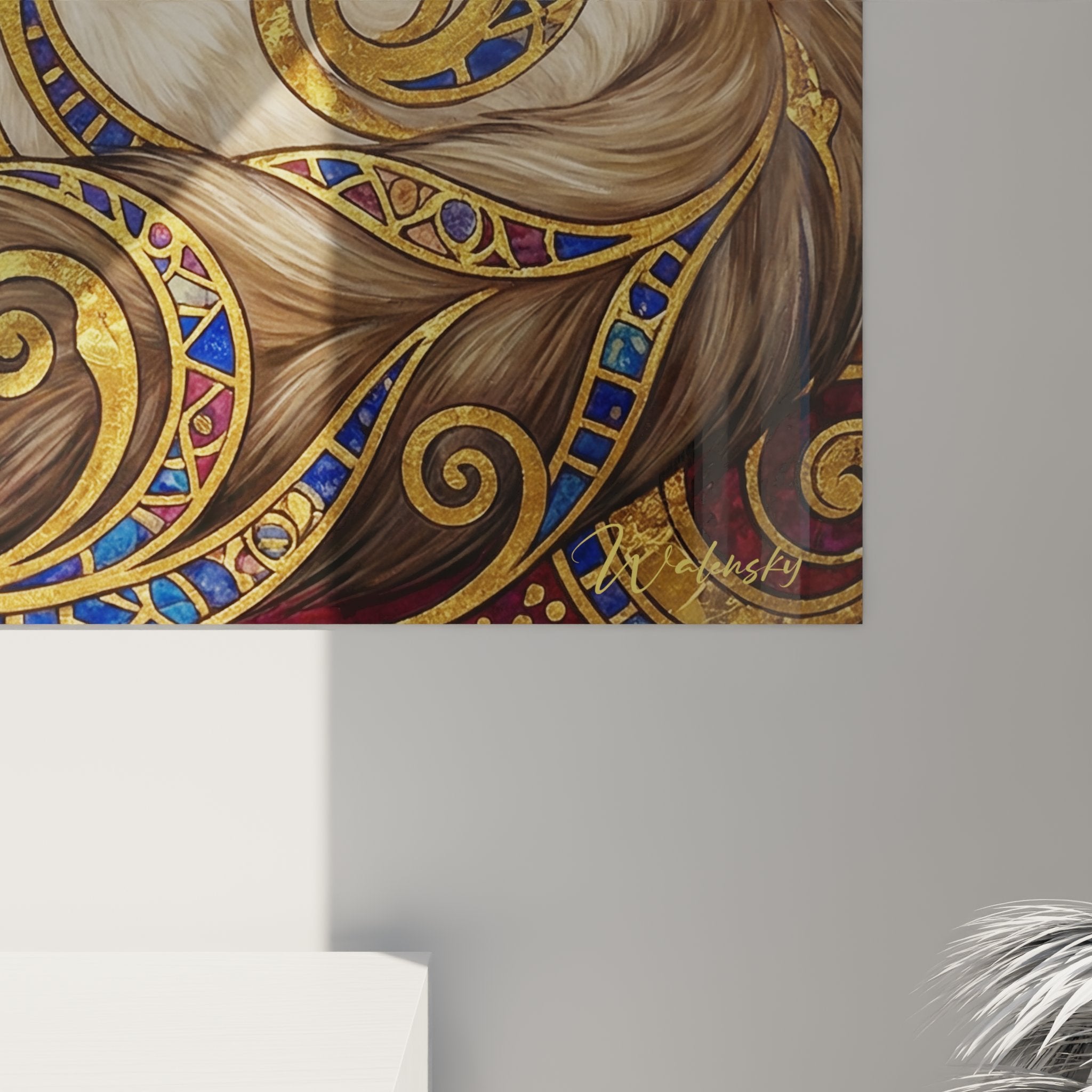 Vista generale quadro murale gatto Birmano ornamenti bizantini, motivi geometrici dorati, decorazione artistica