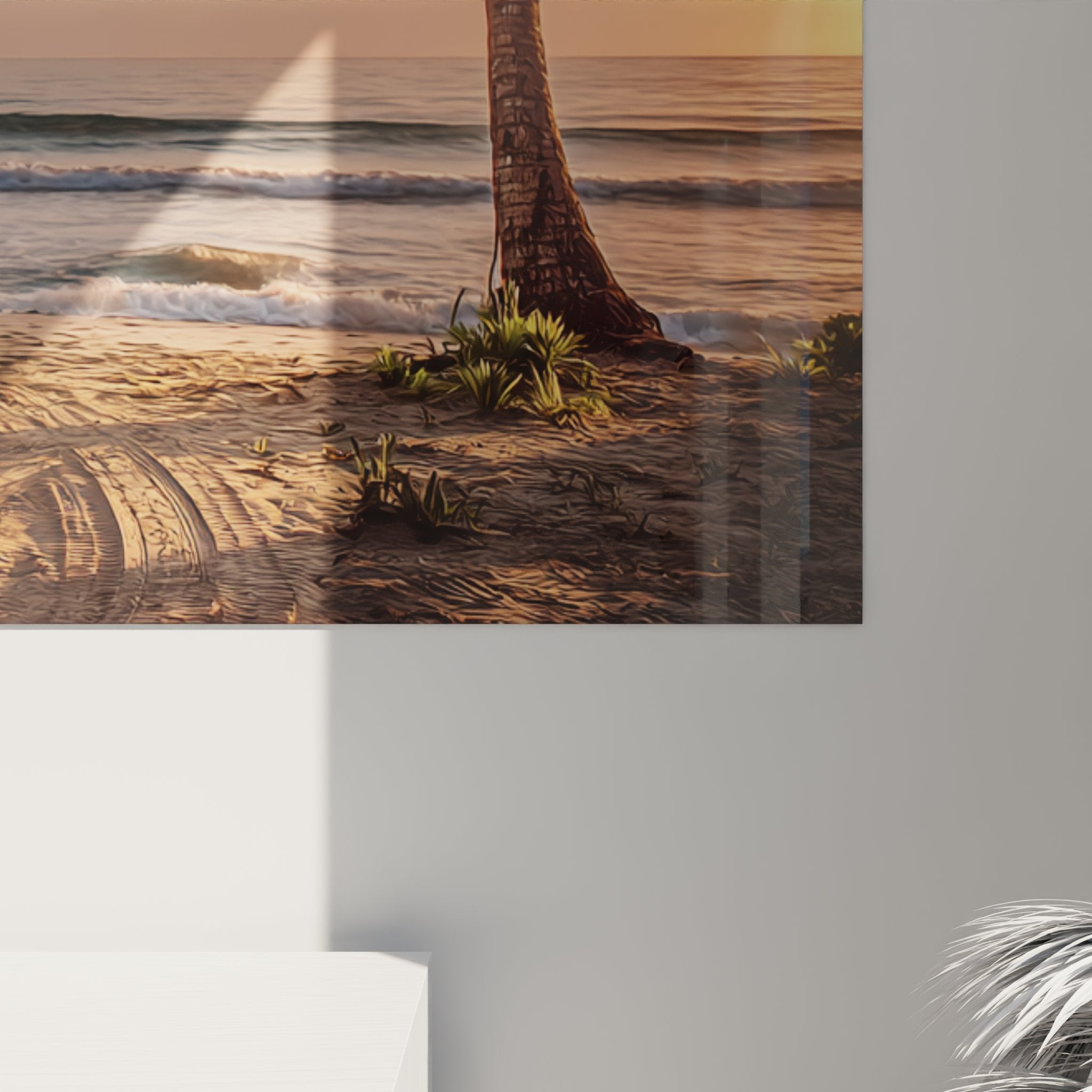 Vue d'ensemble tableau Paradise Beach van surf vintage dans intérieur décoré style beach house surf