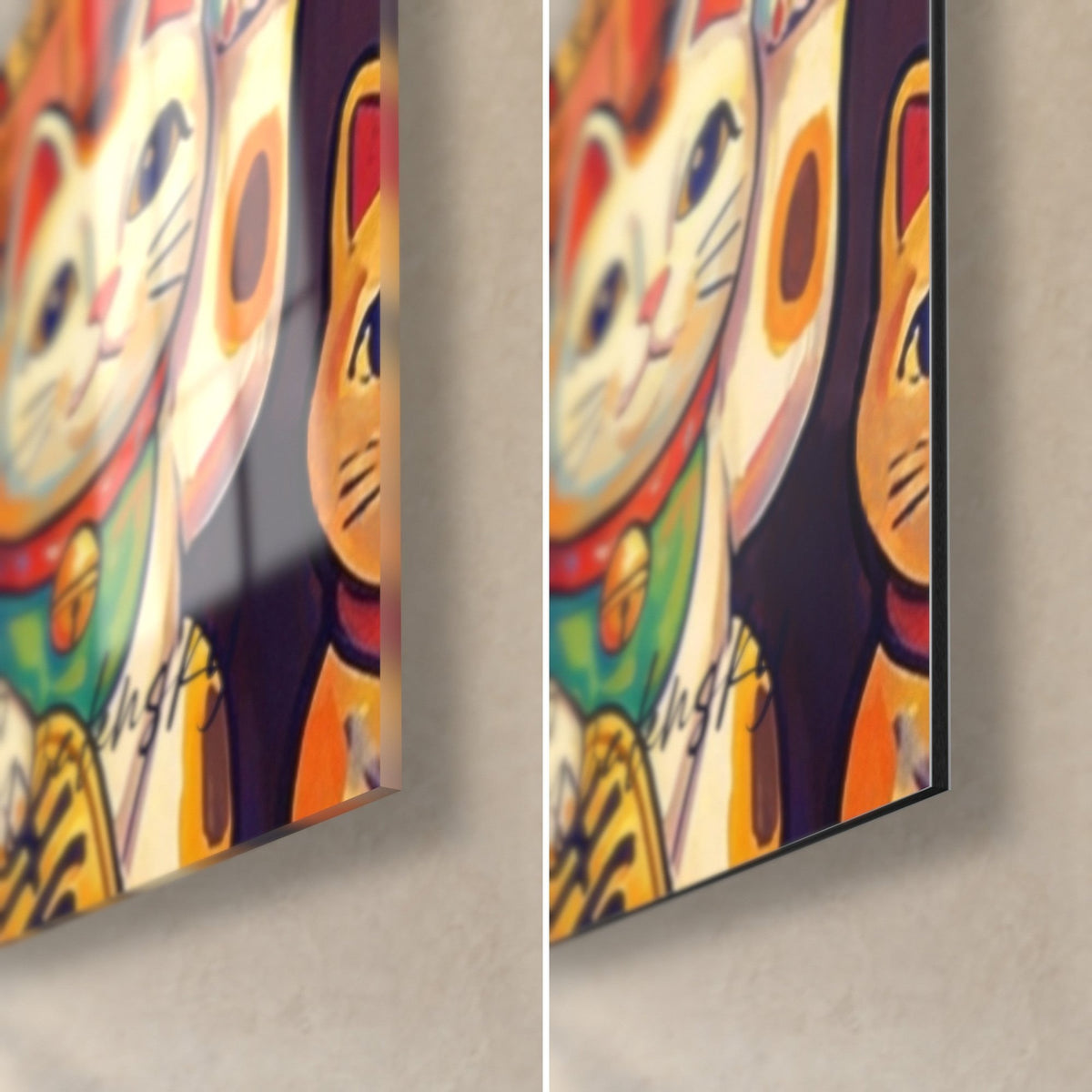 Wall art white and orange lucky cat, bottom right corner, glossy glass reflections on matte Dibond, 3 mm thickness