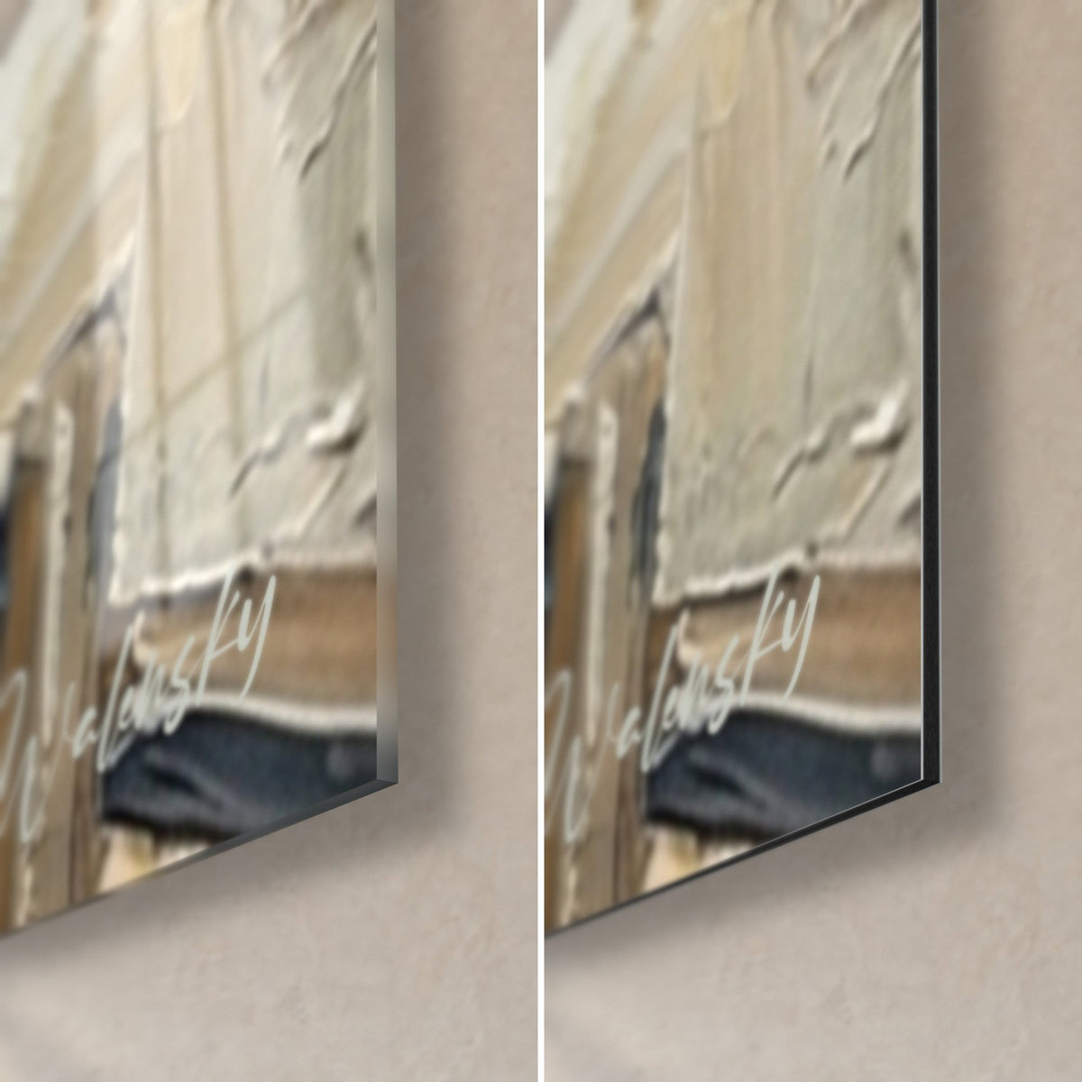 Tableau jument brune bondissant, coin bas droit : verre acrylique brillant aux reflets à gauche, alu Dibond mat à droite, tranche de 3 mm