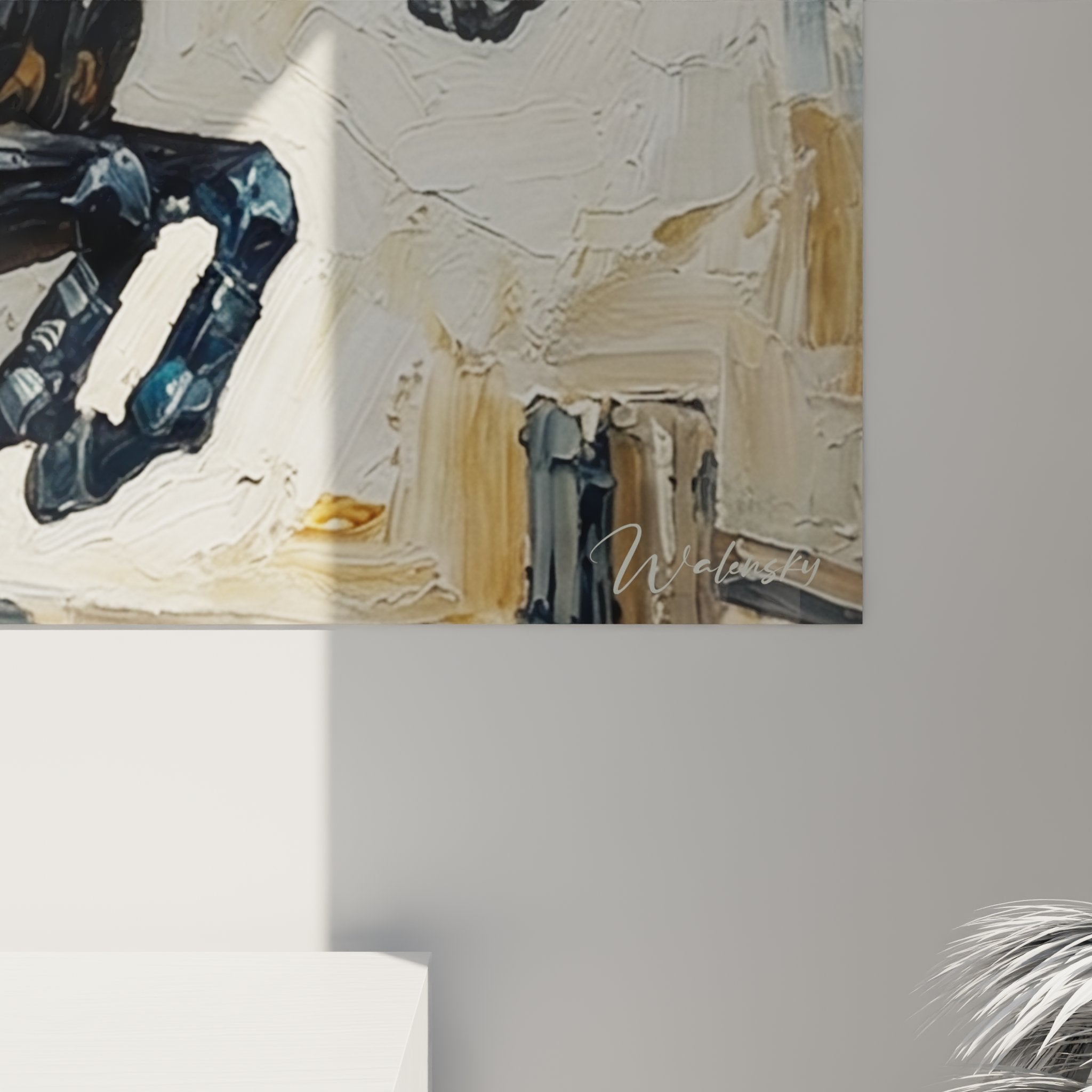 Vista d'insieme del quadro murale salto a ostacoli in un interno moderno, arte decorativa equitazione premium