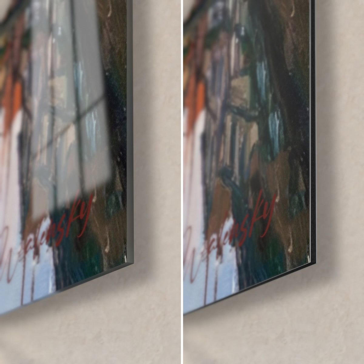 Gemälde Straßburg mit Fachwerk, untere rechte Ecke: glänzendes Acrylglas links, mattes graues Dibond rechts, 3 mm Kante