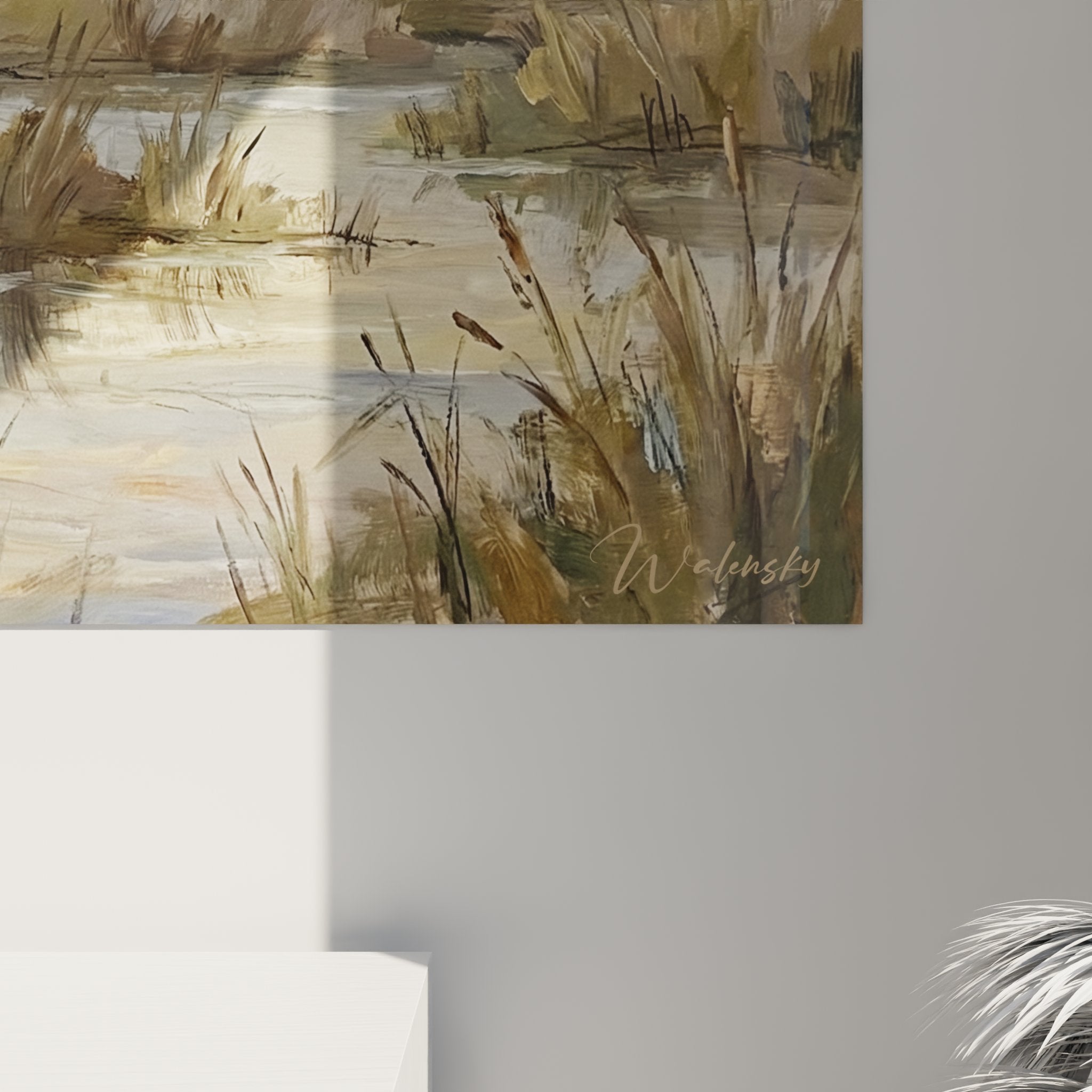 Overall view of Camargue guardian wall art in living room, regional art decoration horseman marsh