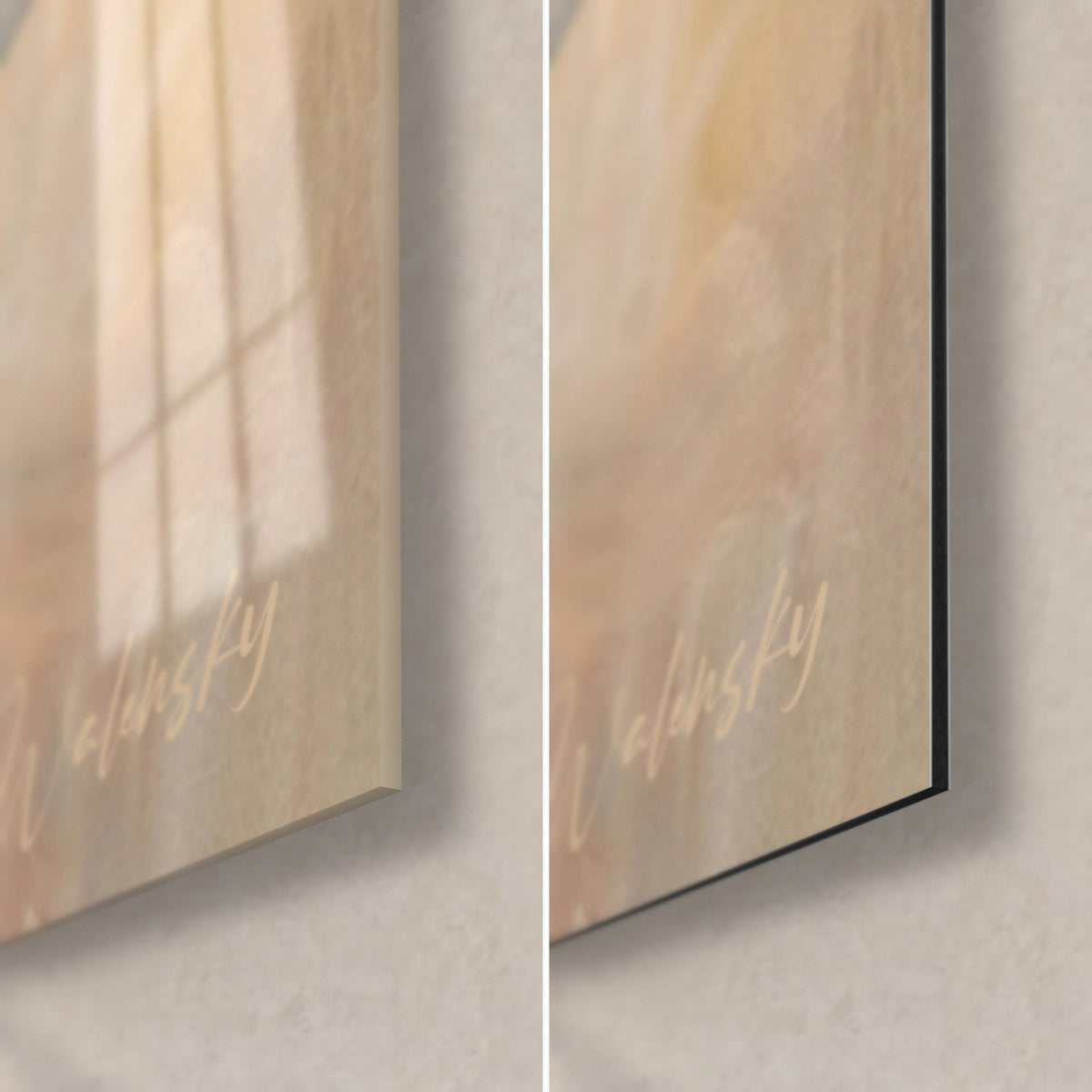 Wall art oil-painted dancers, bottom right corner: glossy acrylic glass reflecting the window, matte black Dibond aluminium, 3 mm edge