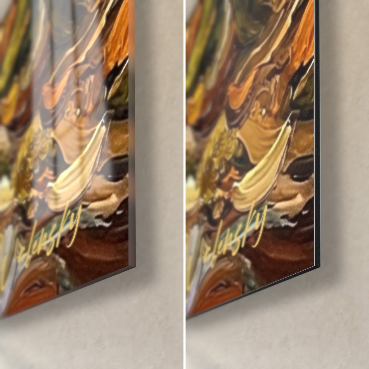 Tableau bobtail rayé, coin bas droit : coulures de peinture ocre et brun sous verre brillant, tranche de 3 mm sur Dibond mat