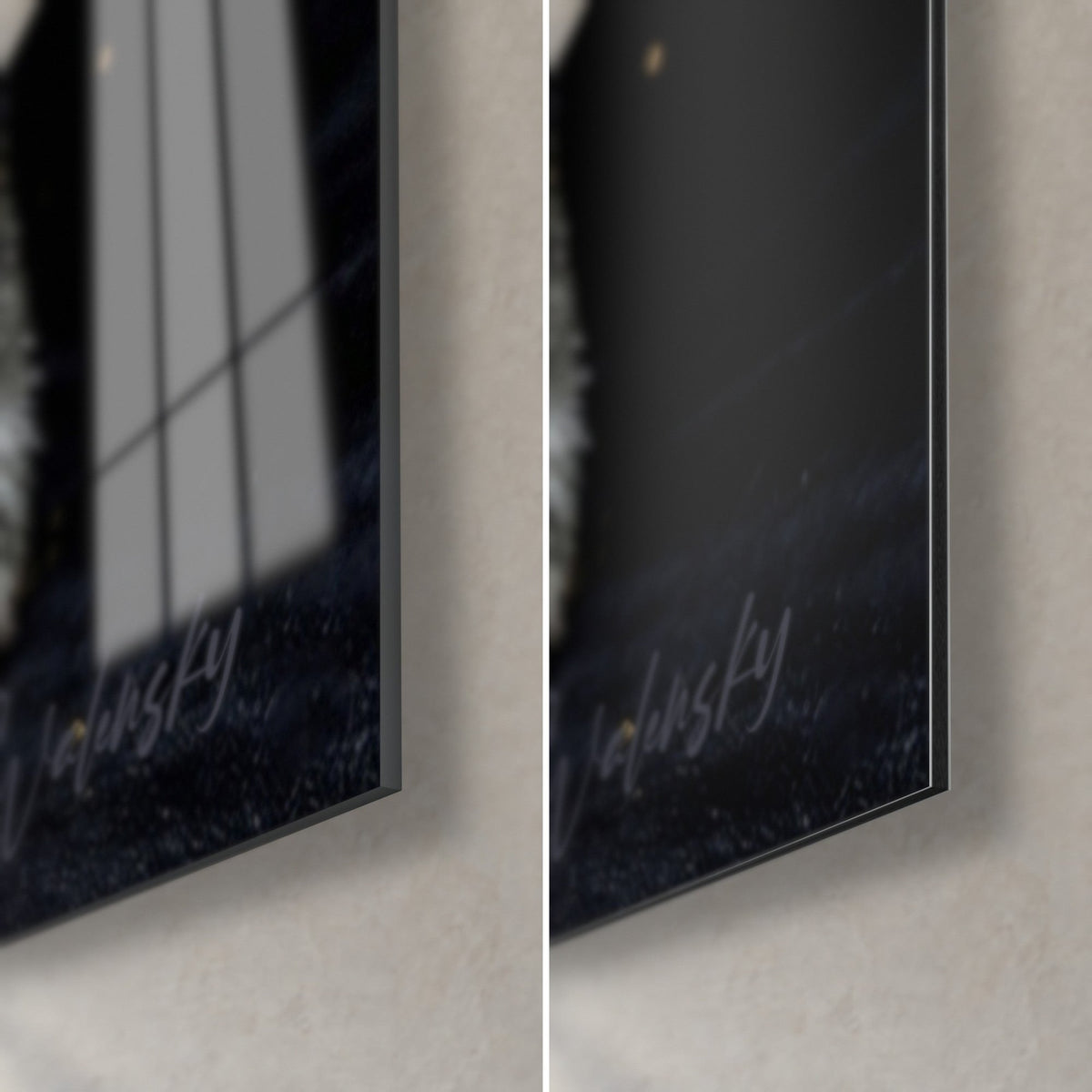 Gemälde silbriges Kätzchen auf schwarzem Grund, untere rechte Ecke: glänzendes Acrylglas links, mattes Dibond rechts, 3 mm Kante
