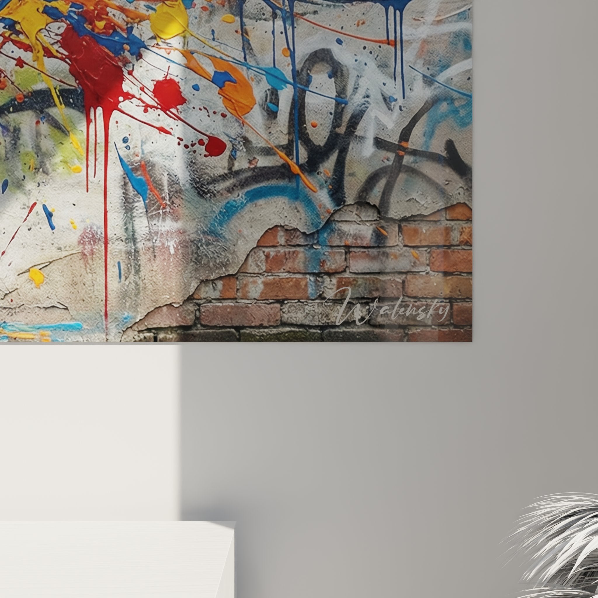 Vue ensemble tableau mural chat Oriental Shorthair art urbain dans salon moderne decoration murale
