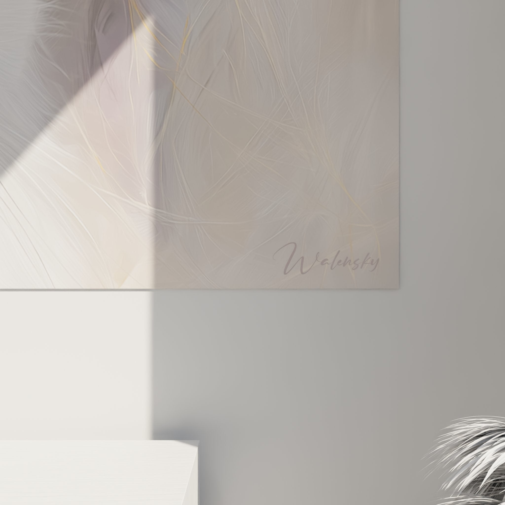 Overview of Turkish Angora cat wall art, horizontal format, soft white and pastel tones