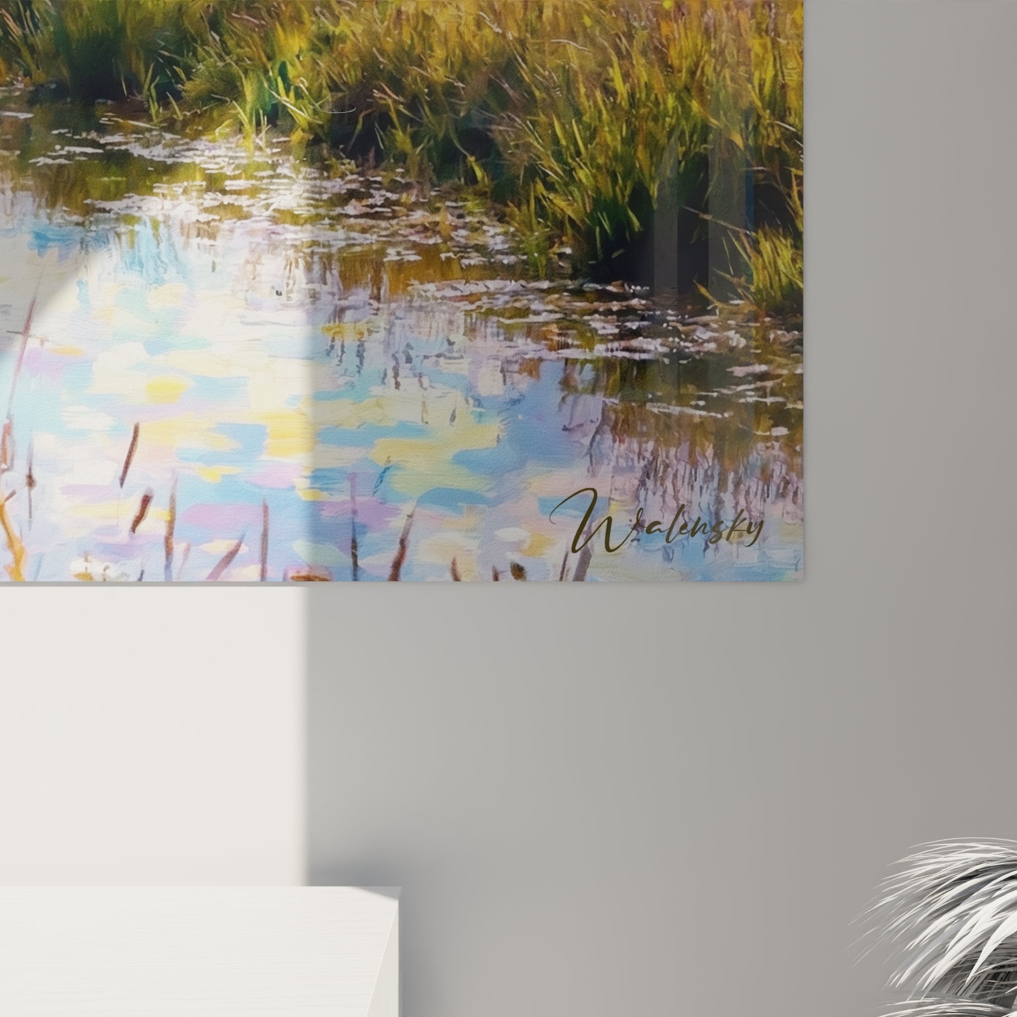 Vue ensemble tableau mural cigogne marais couleurs automnales décoration intérieure nature