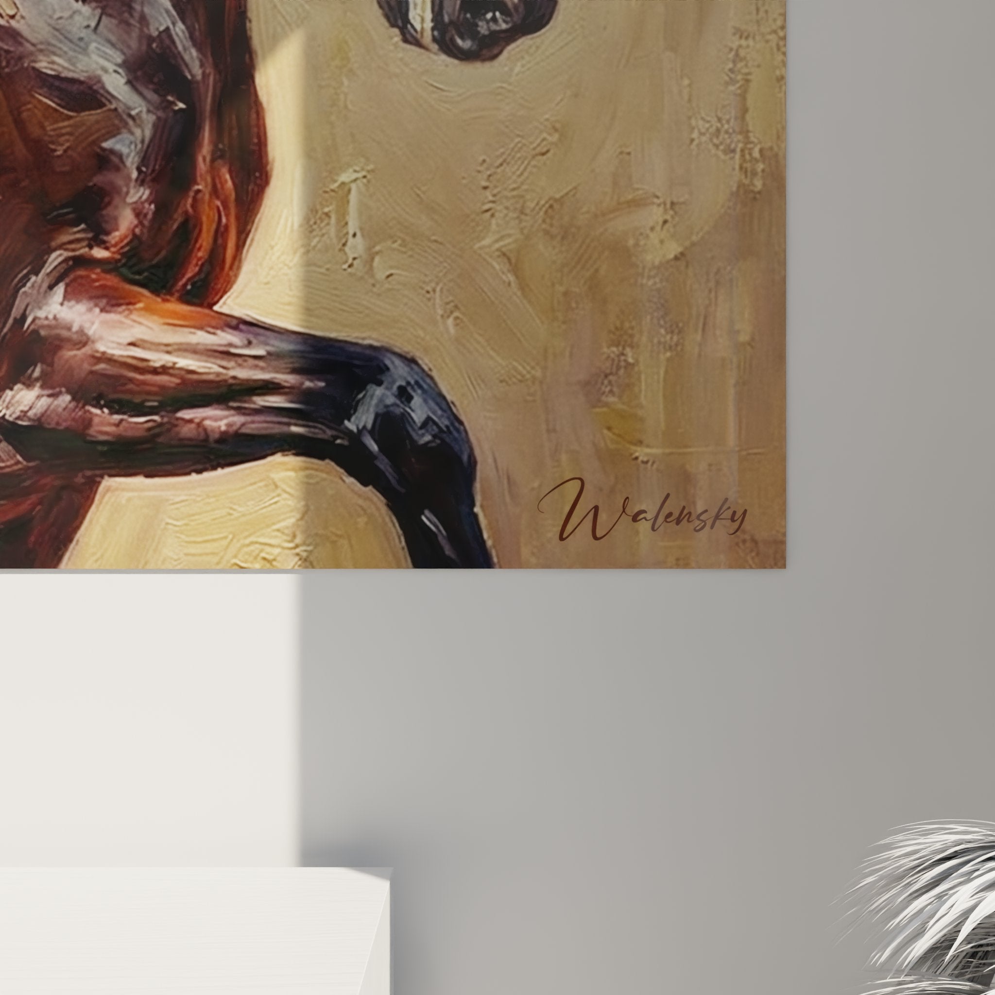 Equestrian dressage artwork overview, wall art depicting rider-horse harmony in motion