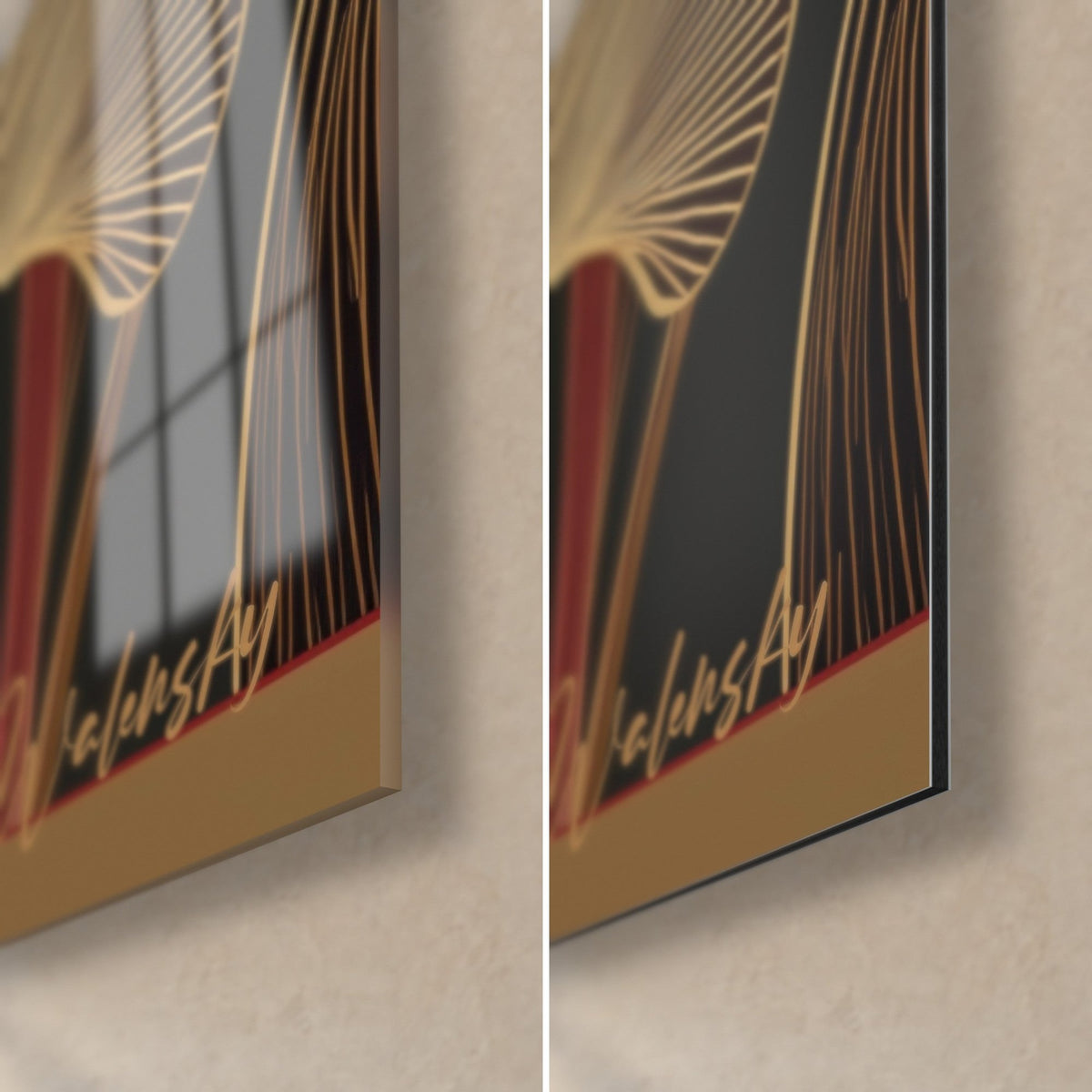 Tableau feuillage art déco, coin bas droit : signature dorée sur bordure ocre, verre brillant aux reflets et alu Dibond mat noir